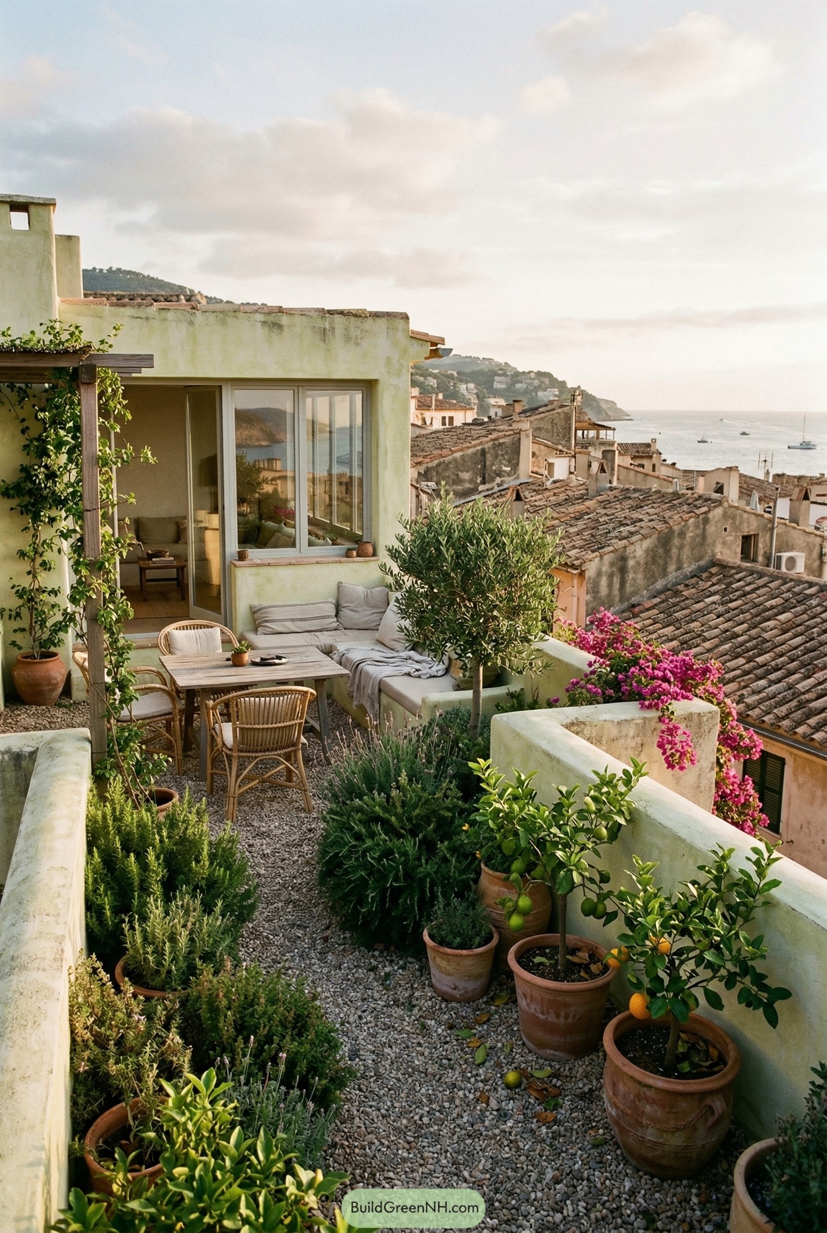 Rooftop Mediterranean terrace with potted citrus and sea view