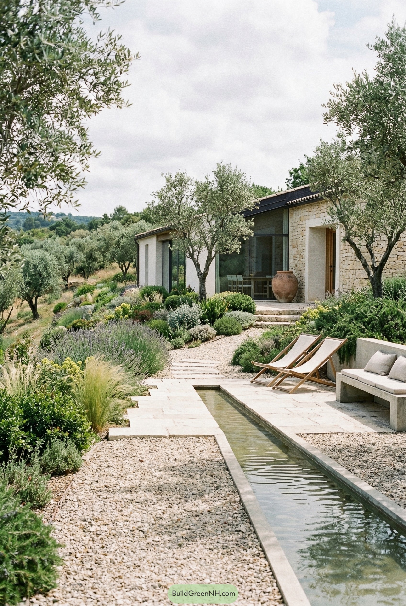 Modern Mediterranean garden with narrow water channel and olive trees