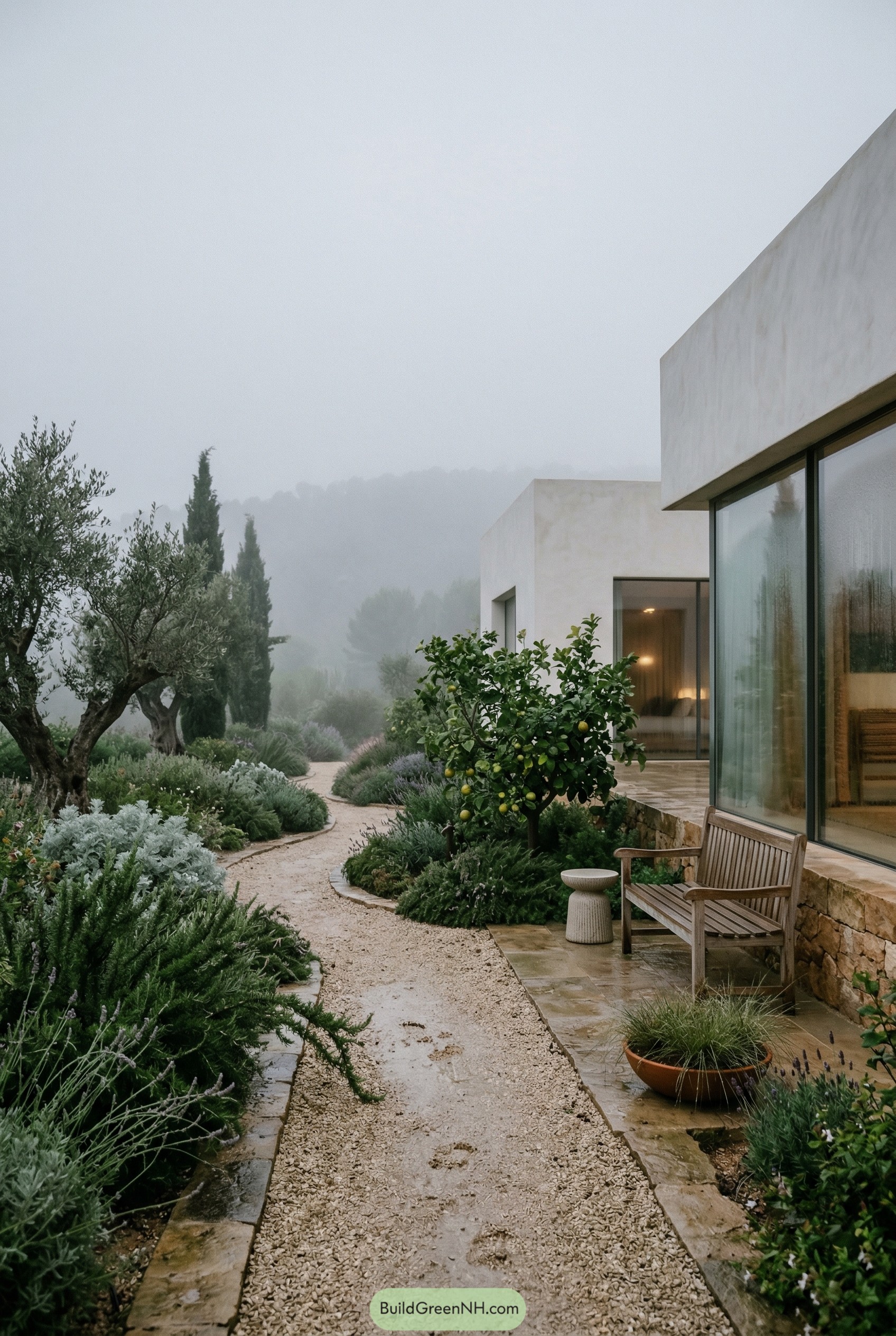 Modern Mediterranean garden with gravel path and lemon tree