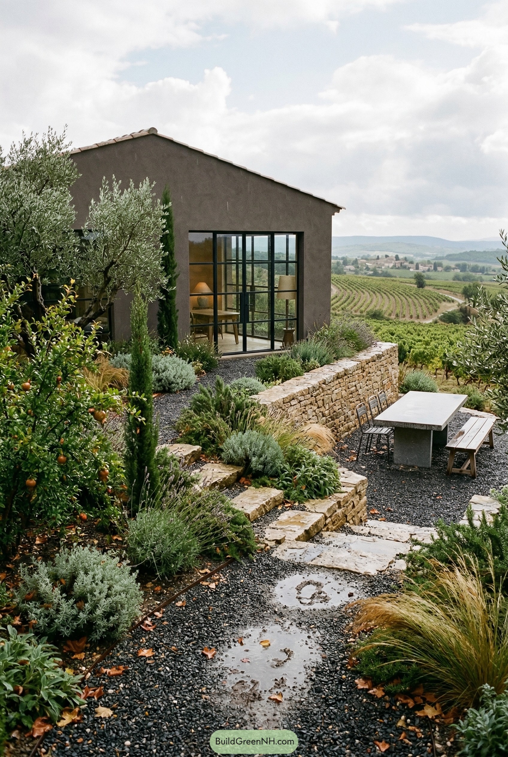 Modern Mediterranean garden with stone terrace and vineyard view