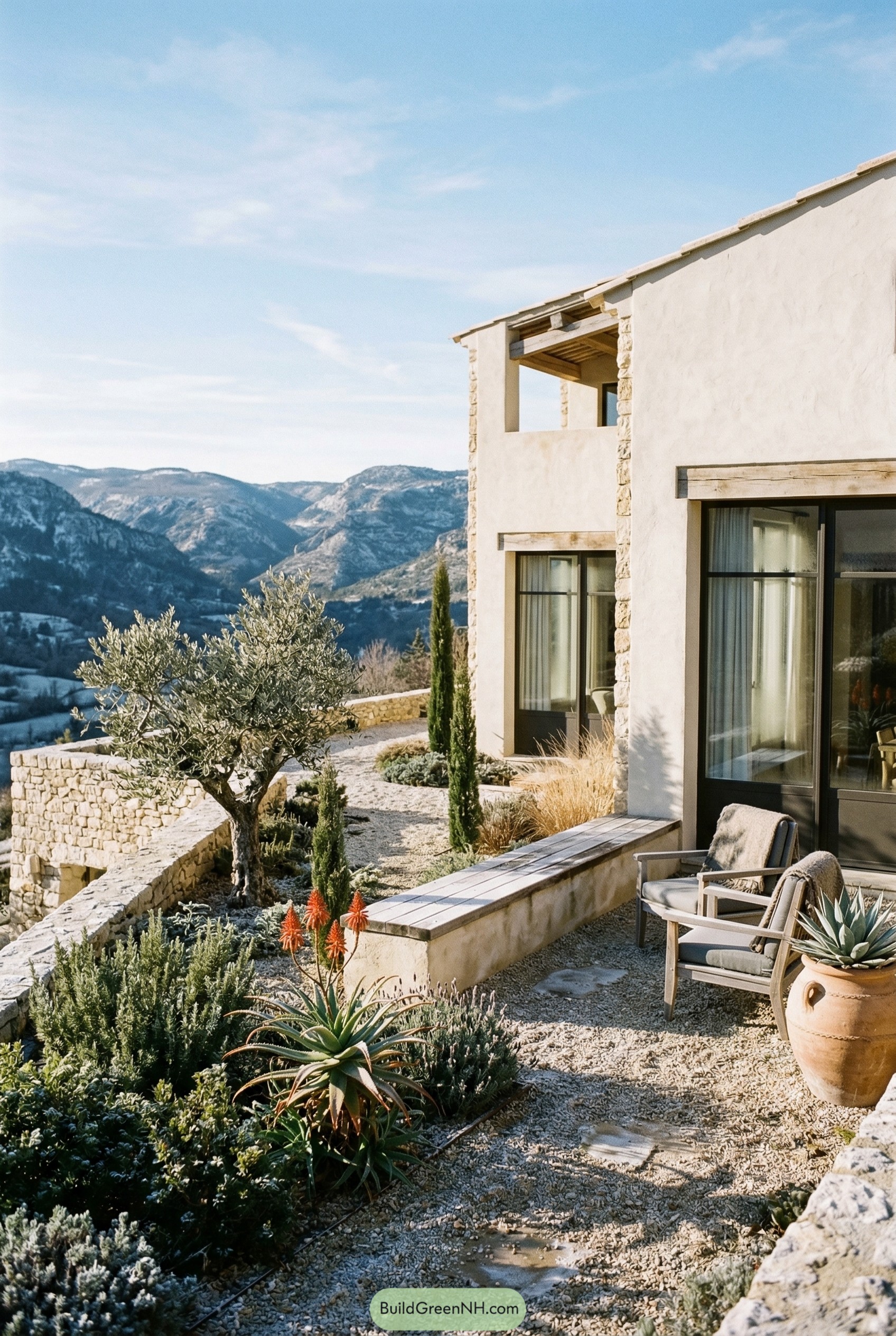 Modern Mediterranean gravel garden with olive tree and mountain view