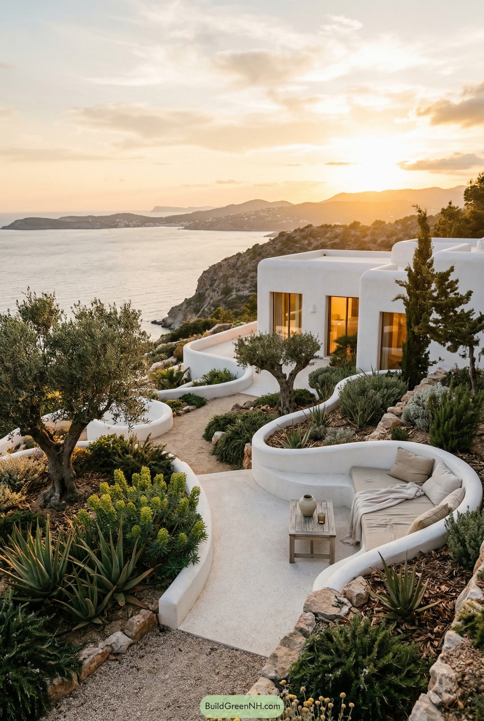 Curved white cliffside garden with olive trees and lounge seating