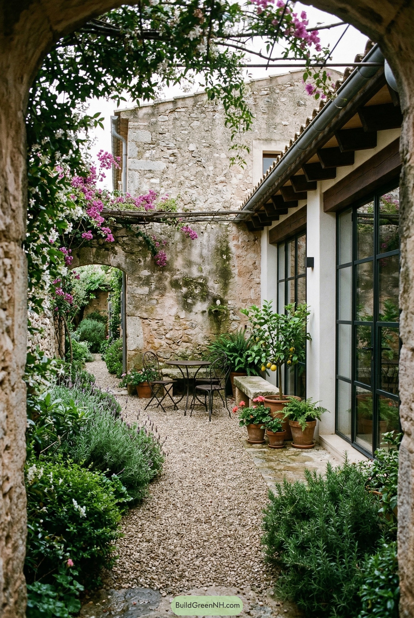 Stone courtyard garden with gravel path and cafe table