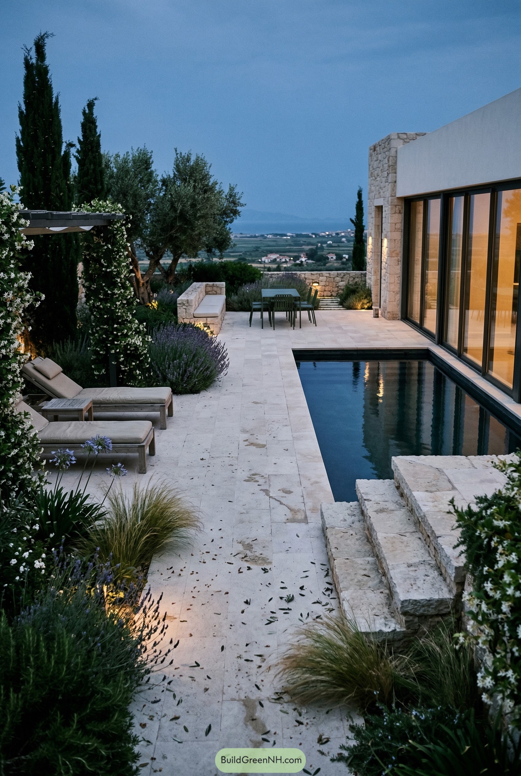 Stone terrace with narrow pool lavender and cypress