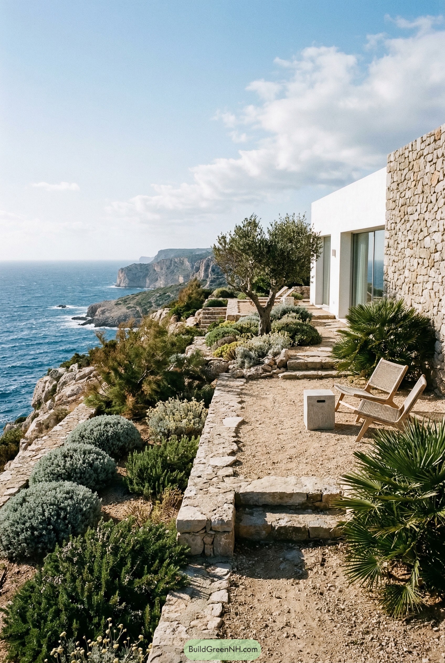 Cliffside gravel garden with olive tree and sea view