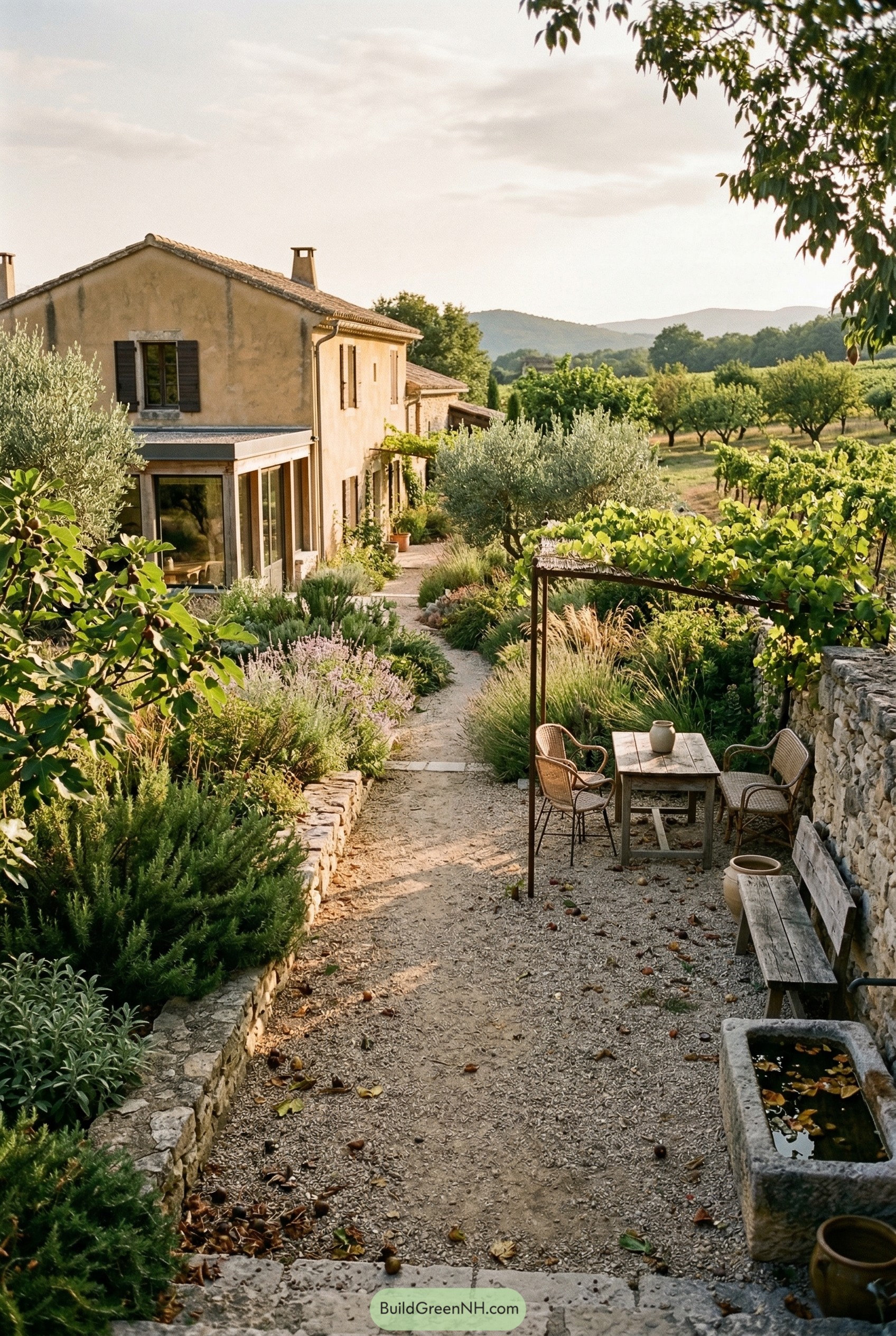 Gravel garden path beside a farmhouse with vine pergola seating