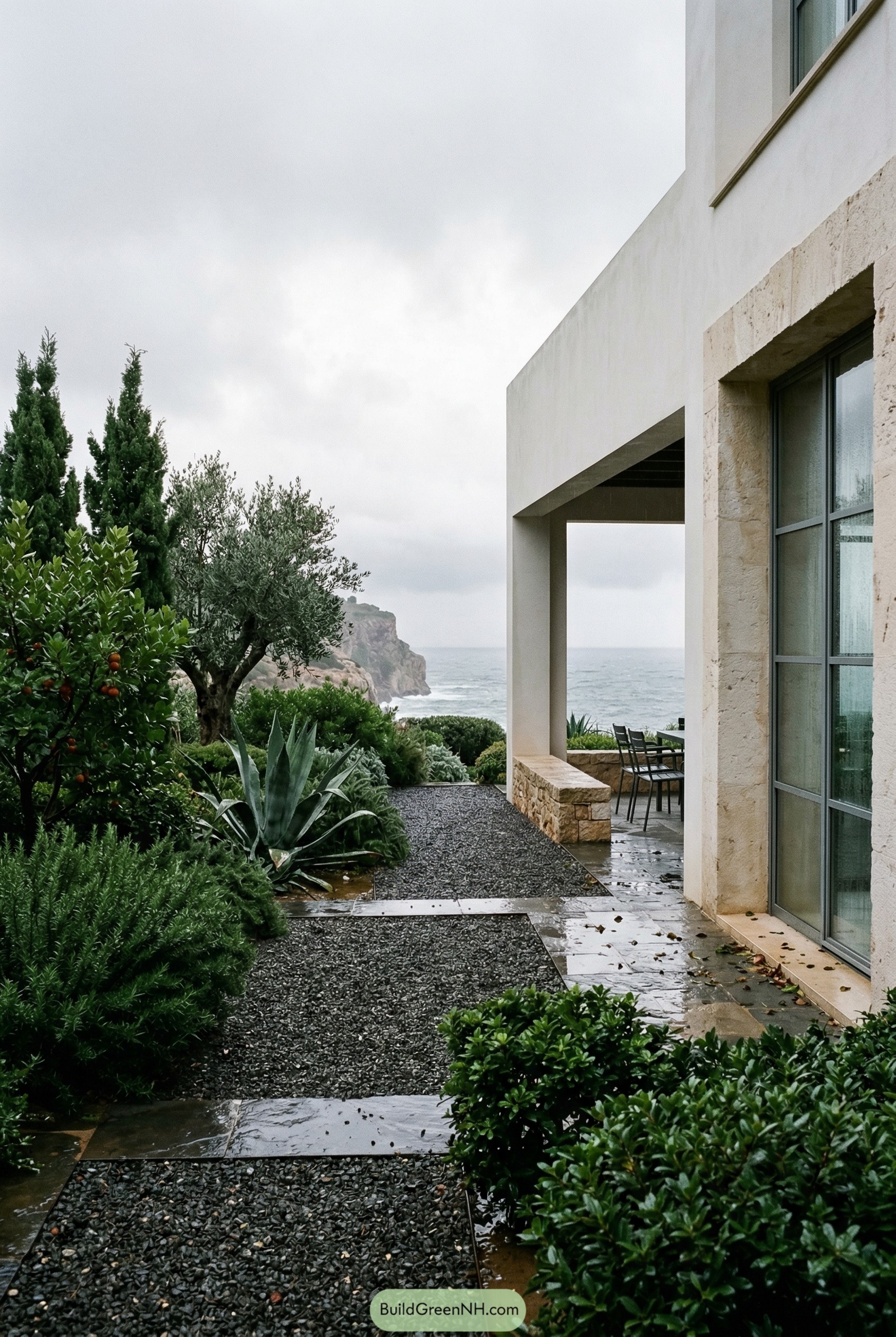 Modern coastal garden with gravel path and sea view