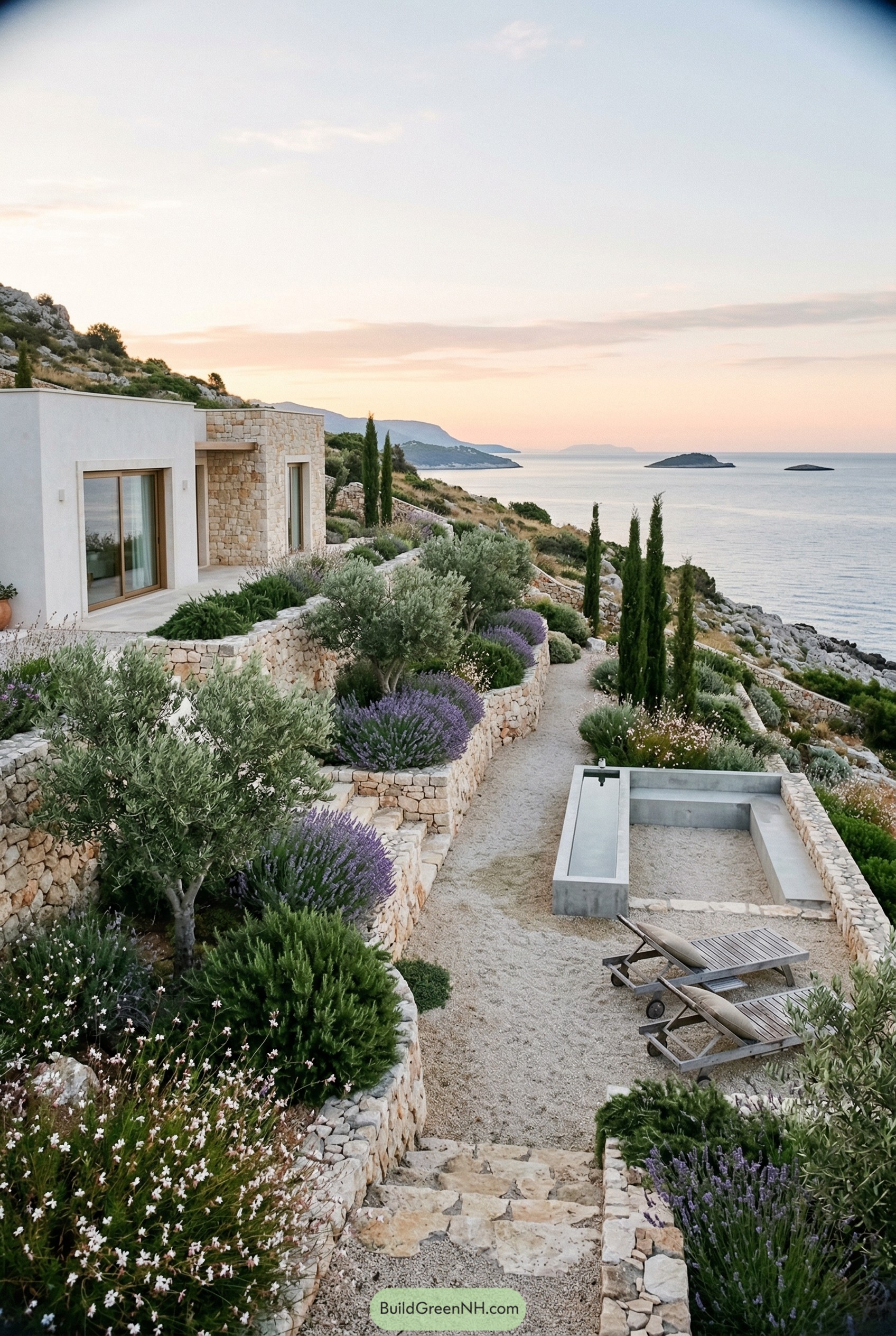 Terraced coastal garden with lavender olive trees and sea view