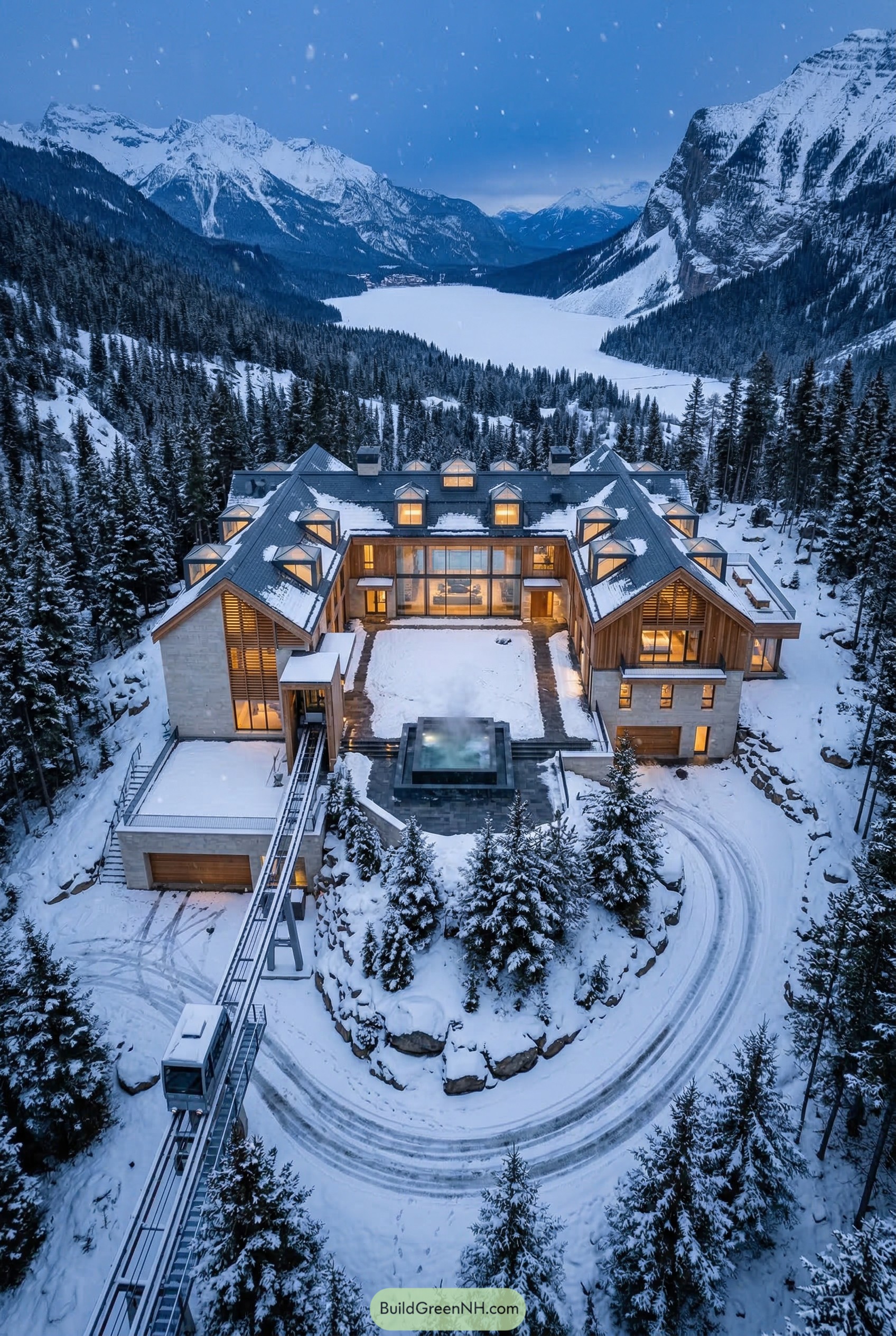 Snowy alpine mansion with funicular and frozen lake view