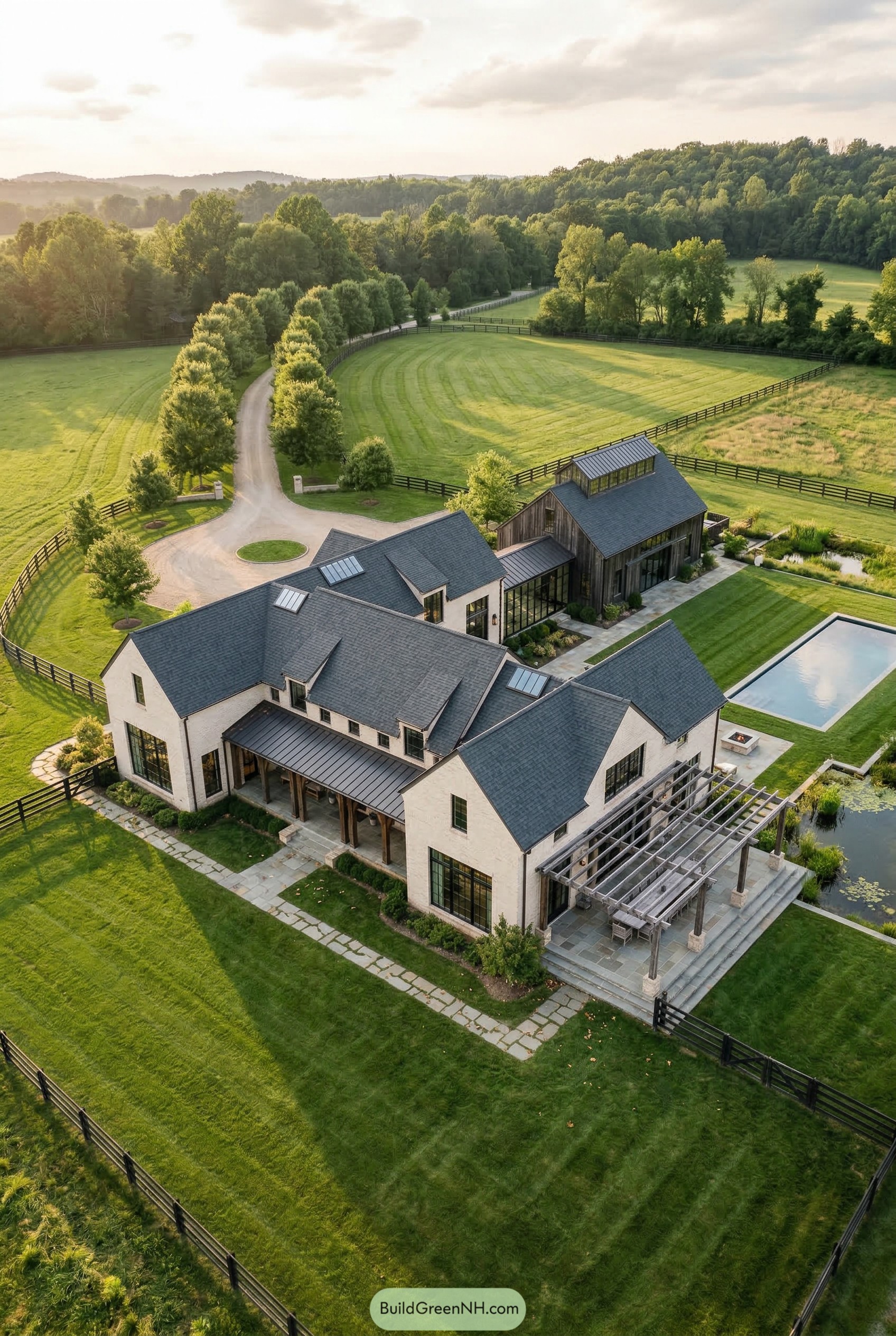Aerial view of a modern farmhouse estate with pool and paddocks