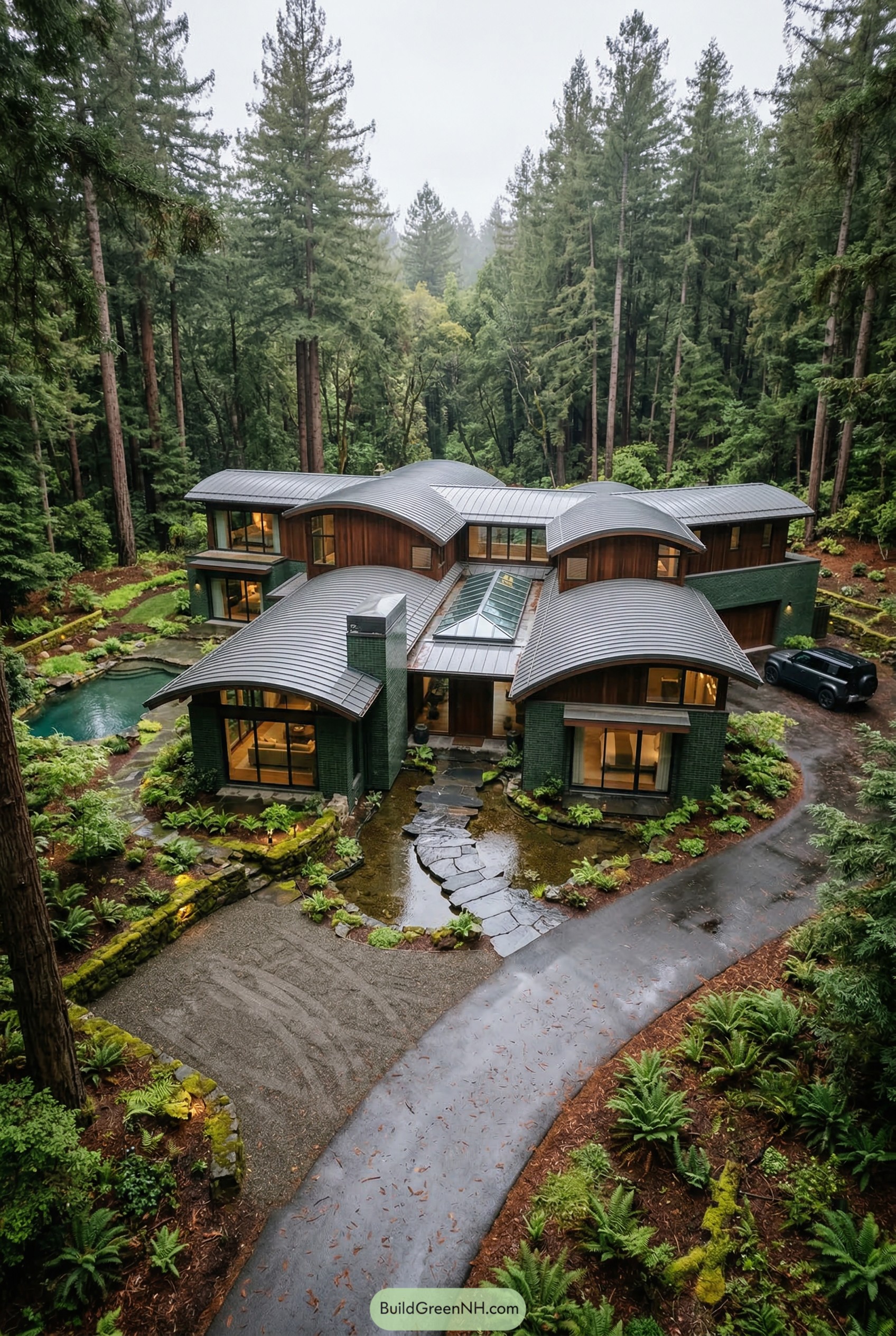Woodland mansion with curved roofs and pond