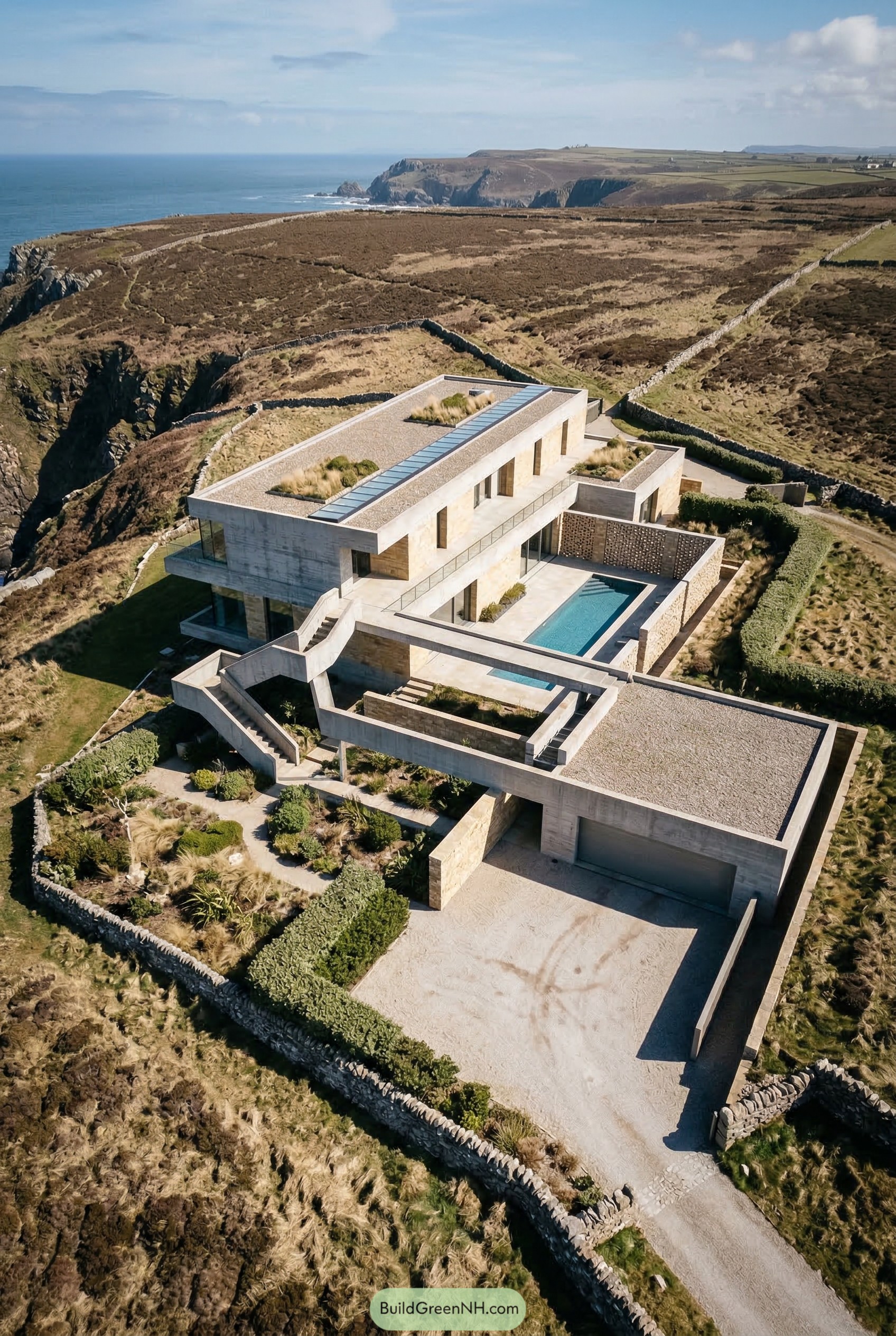 Modern coastal mansion with pool and roof gardens