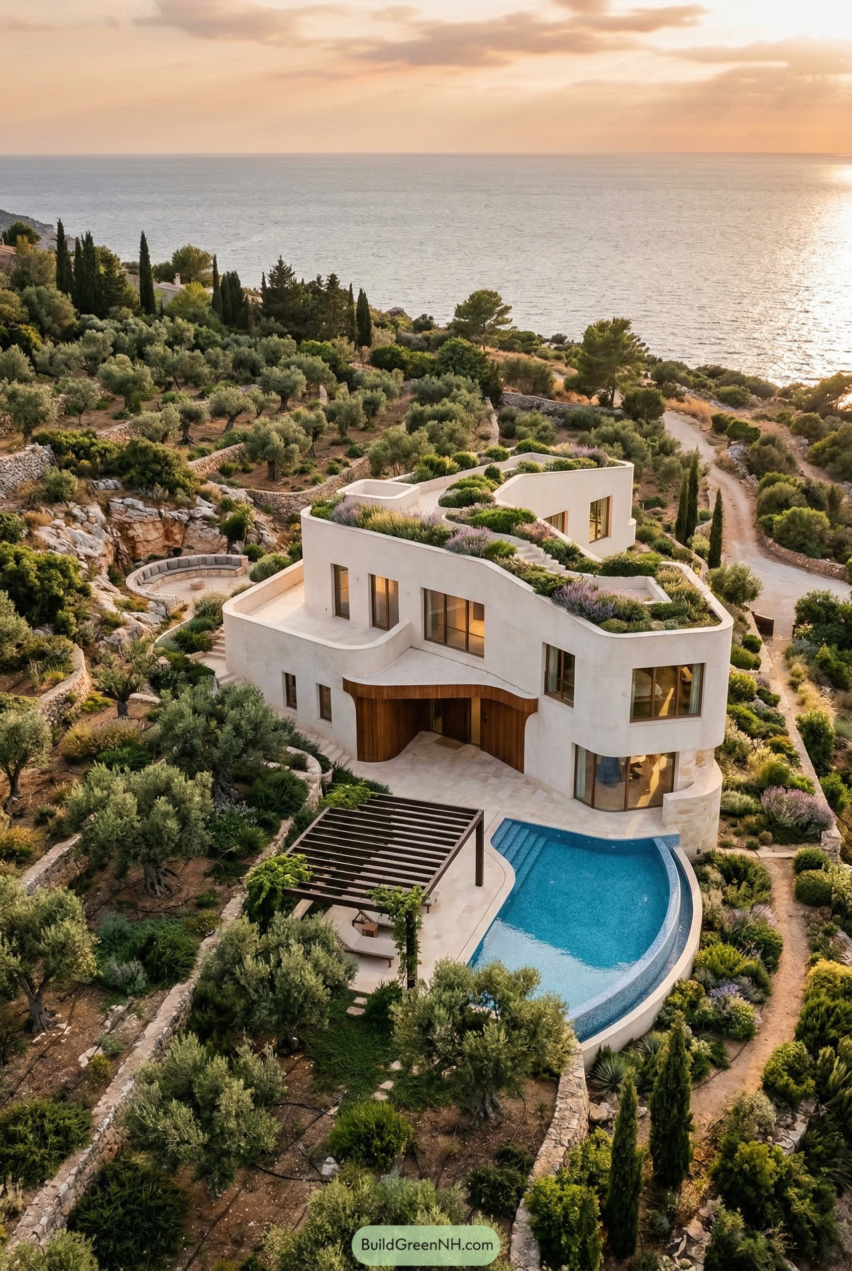 Curved white hillside villa with roof gardens and a sea view pool