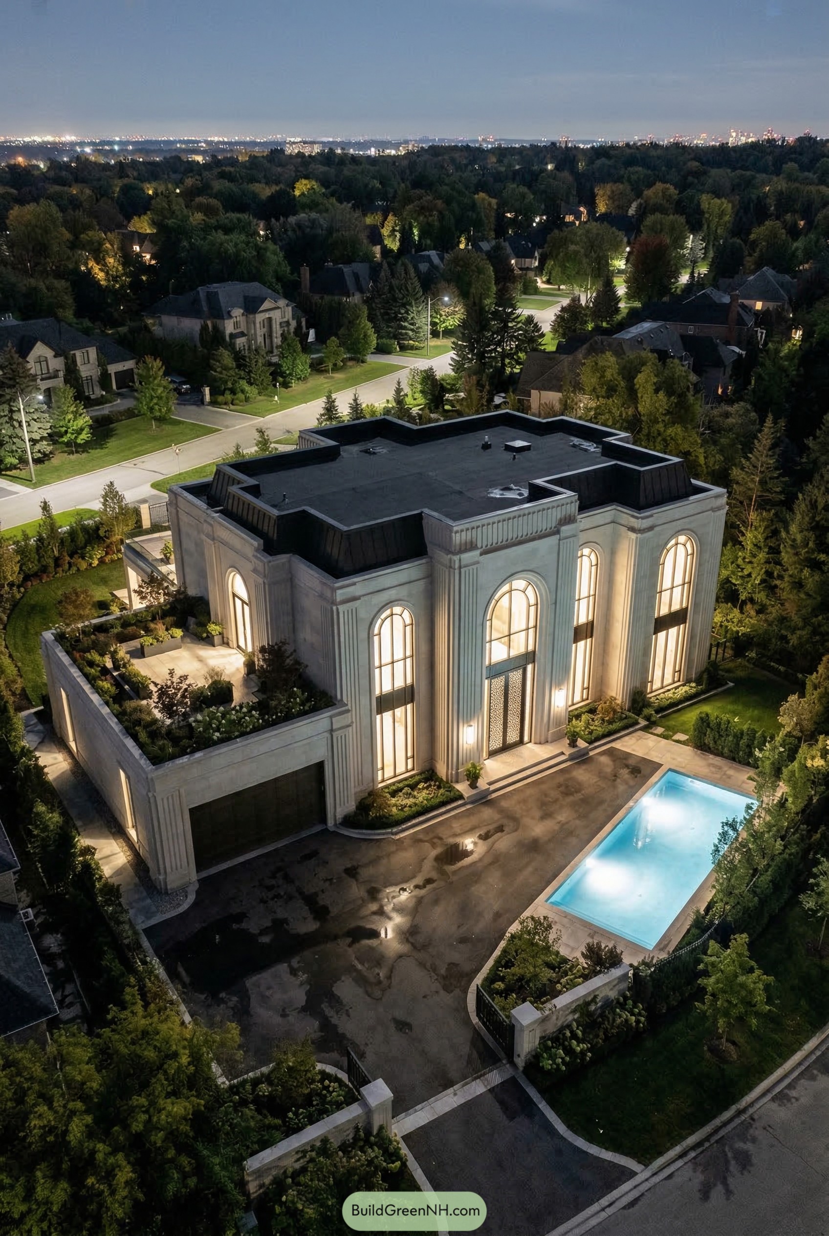 Aerial view of a pale stone mansion with tall arched windows and a lap pool