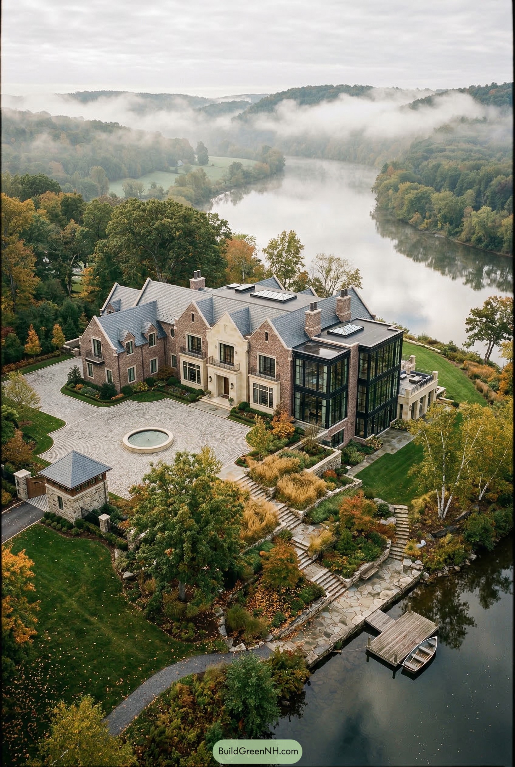 Brick riverfront mansion with glass wing and dock