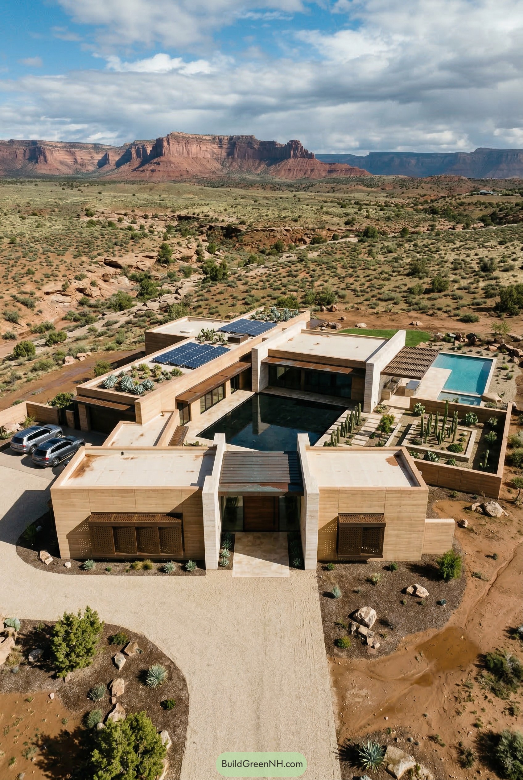 Modern desert mansion with pools below red mesas