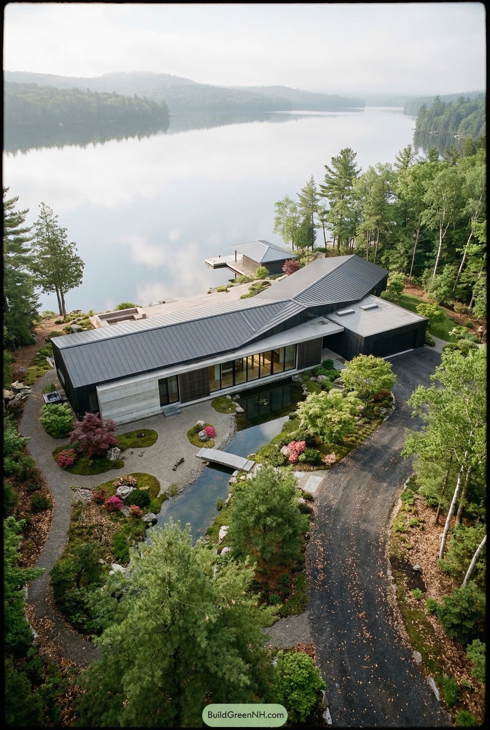 Modern forest mansion beside a calm lake