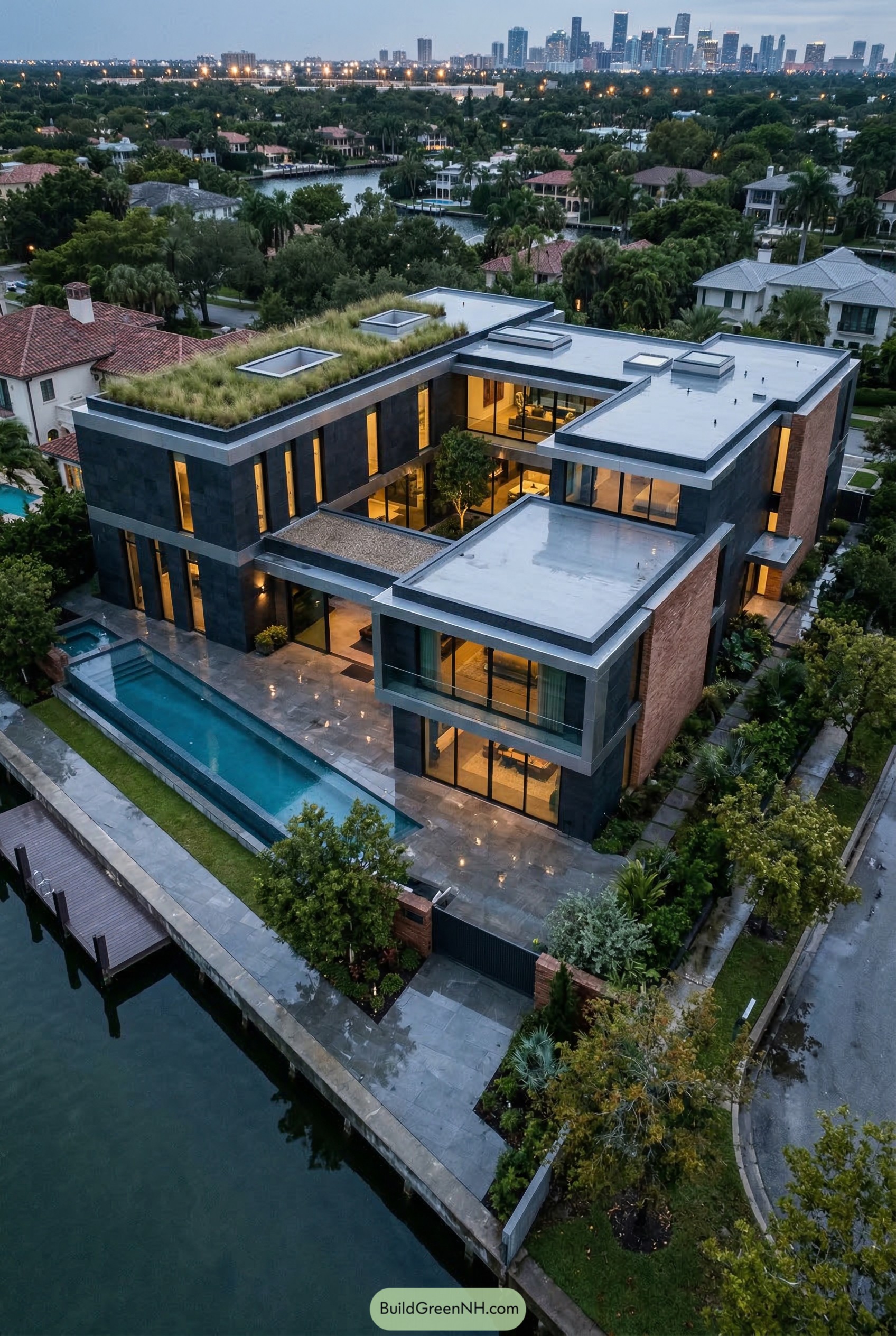 Modern waterfront mansion with green roof and lap pool