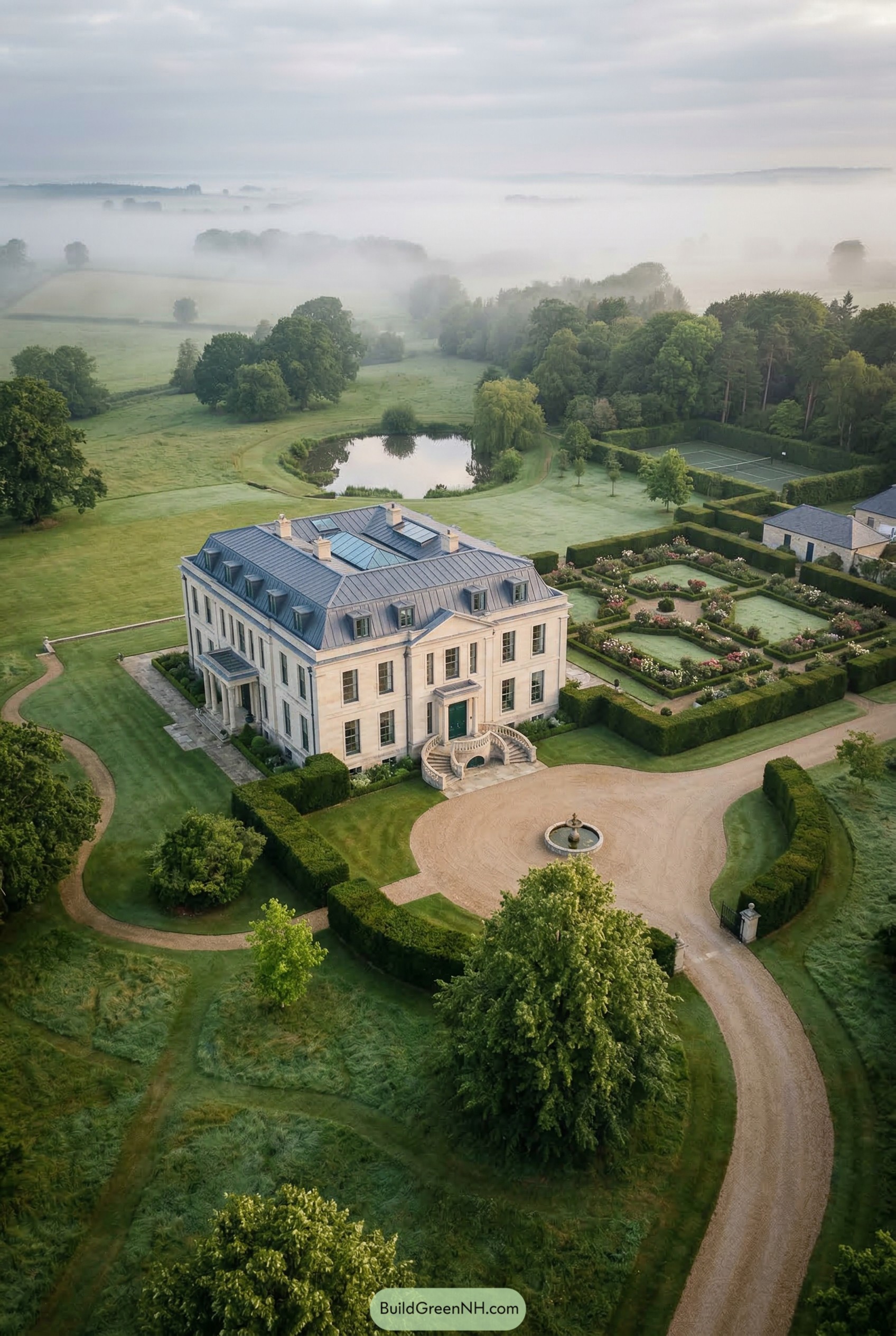 Aerial view of a stone chateau with formal gardens and pond