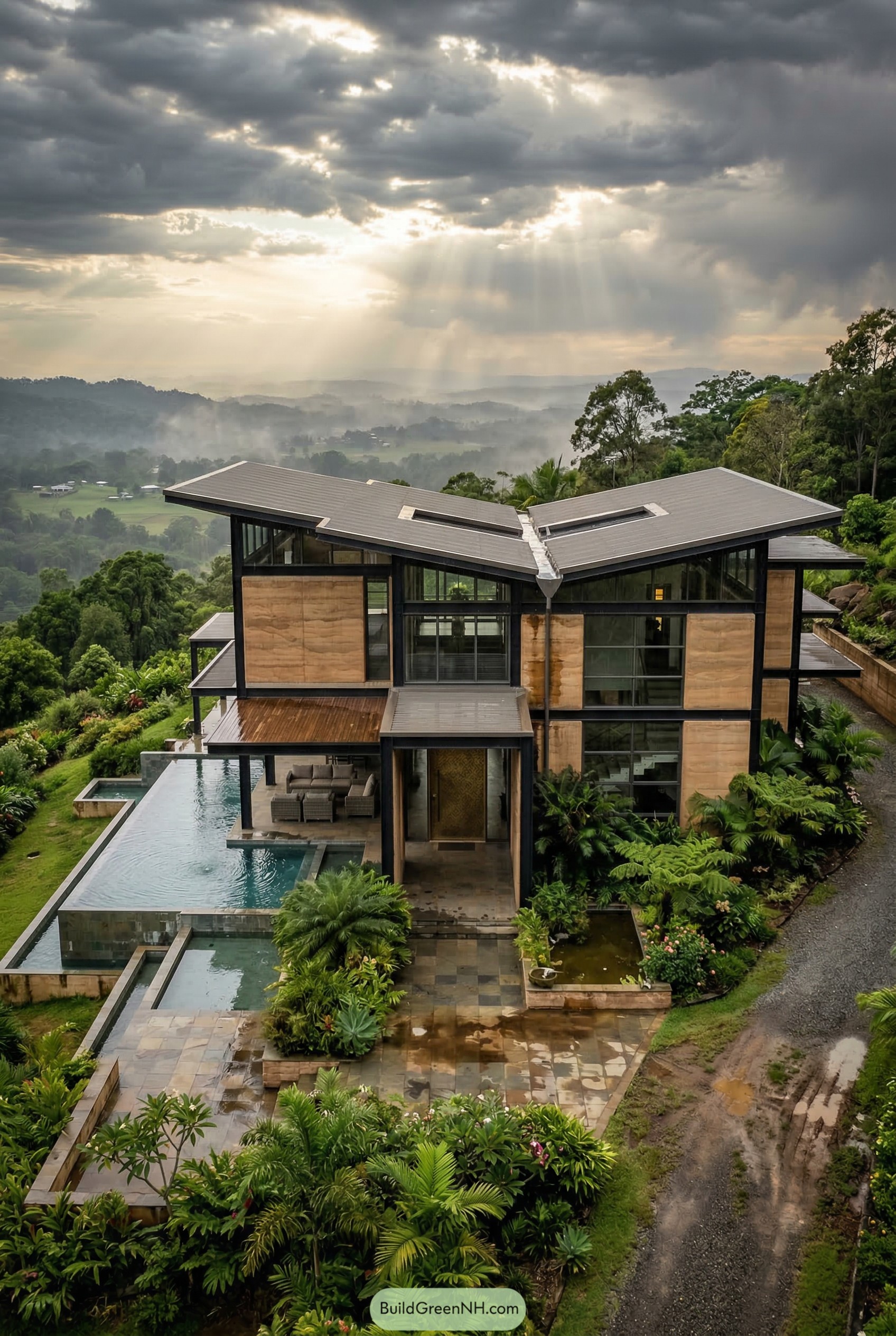 Modern tropical hillside mansion with infinity pools
