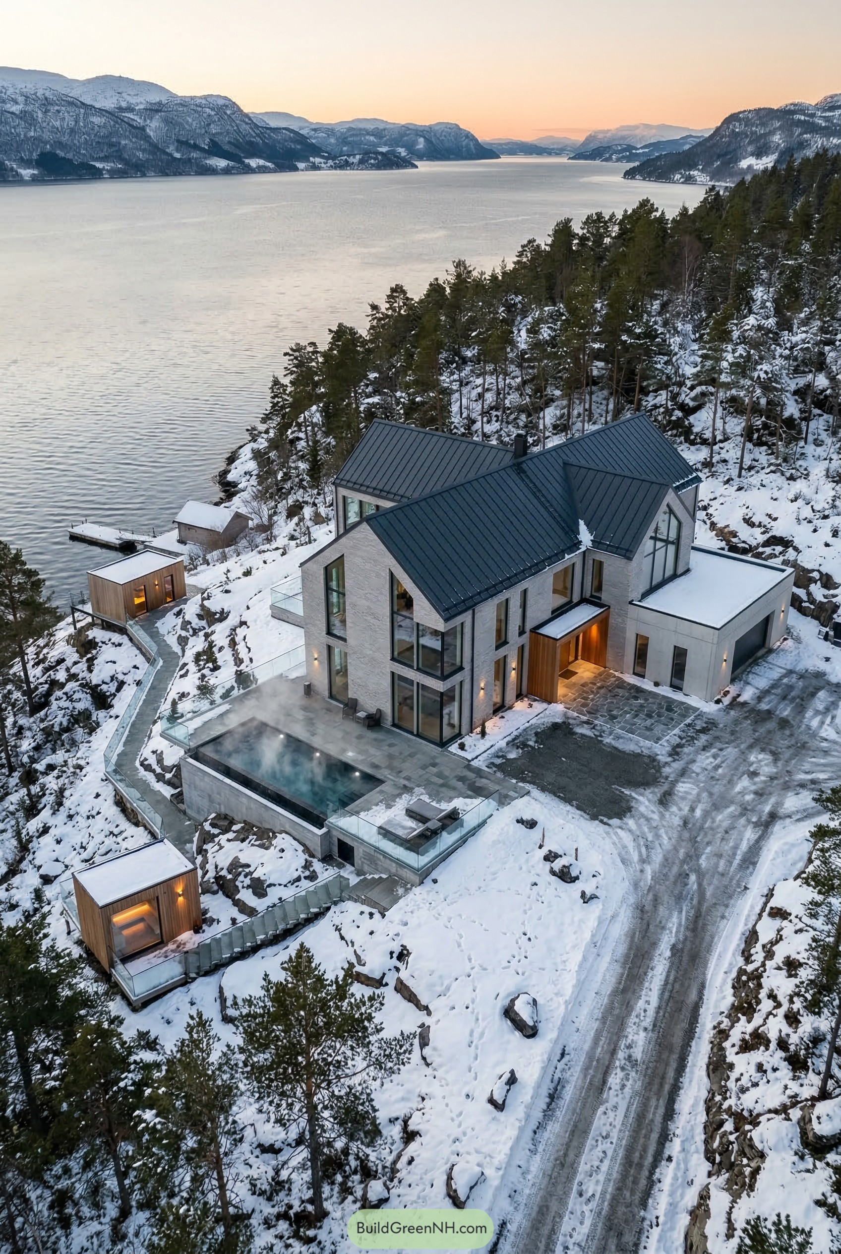 Modern hillside mansion above a snowy fjord