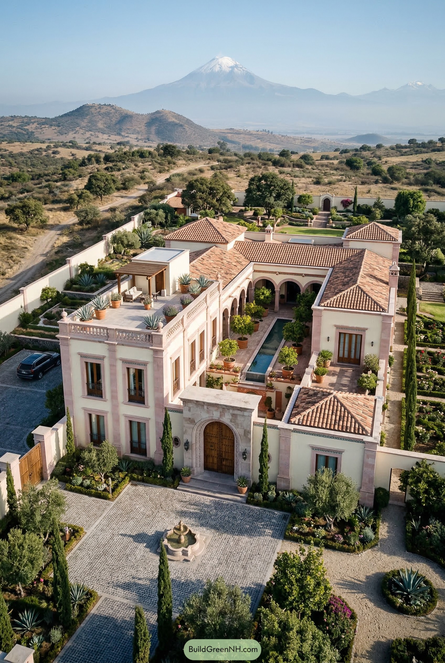 Walled villa with courtyard pool and volcano view