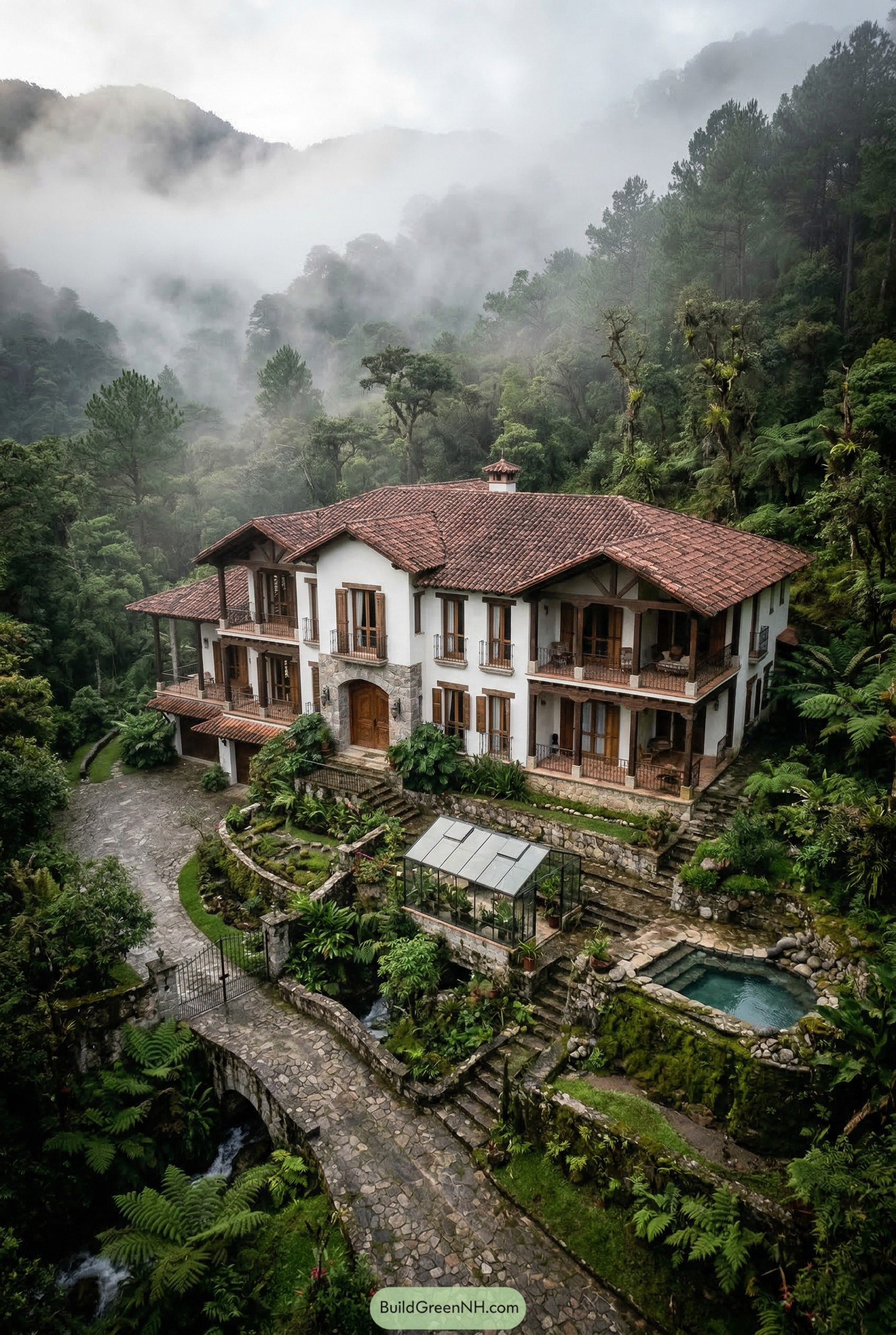 Misty forest mansion with clay tile roofs