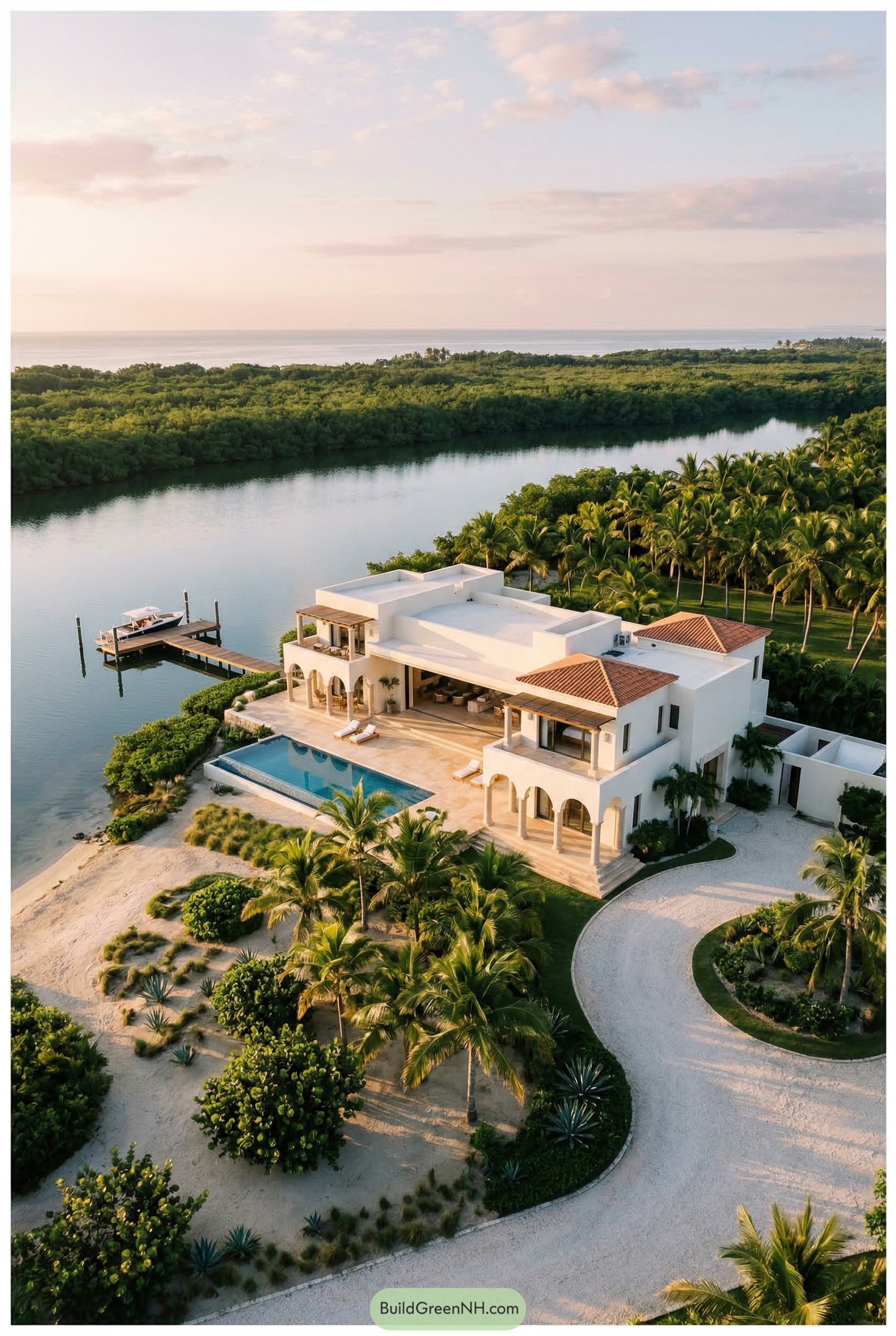 White waterfront villa with pool and dock
