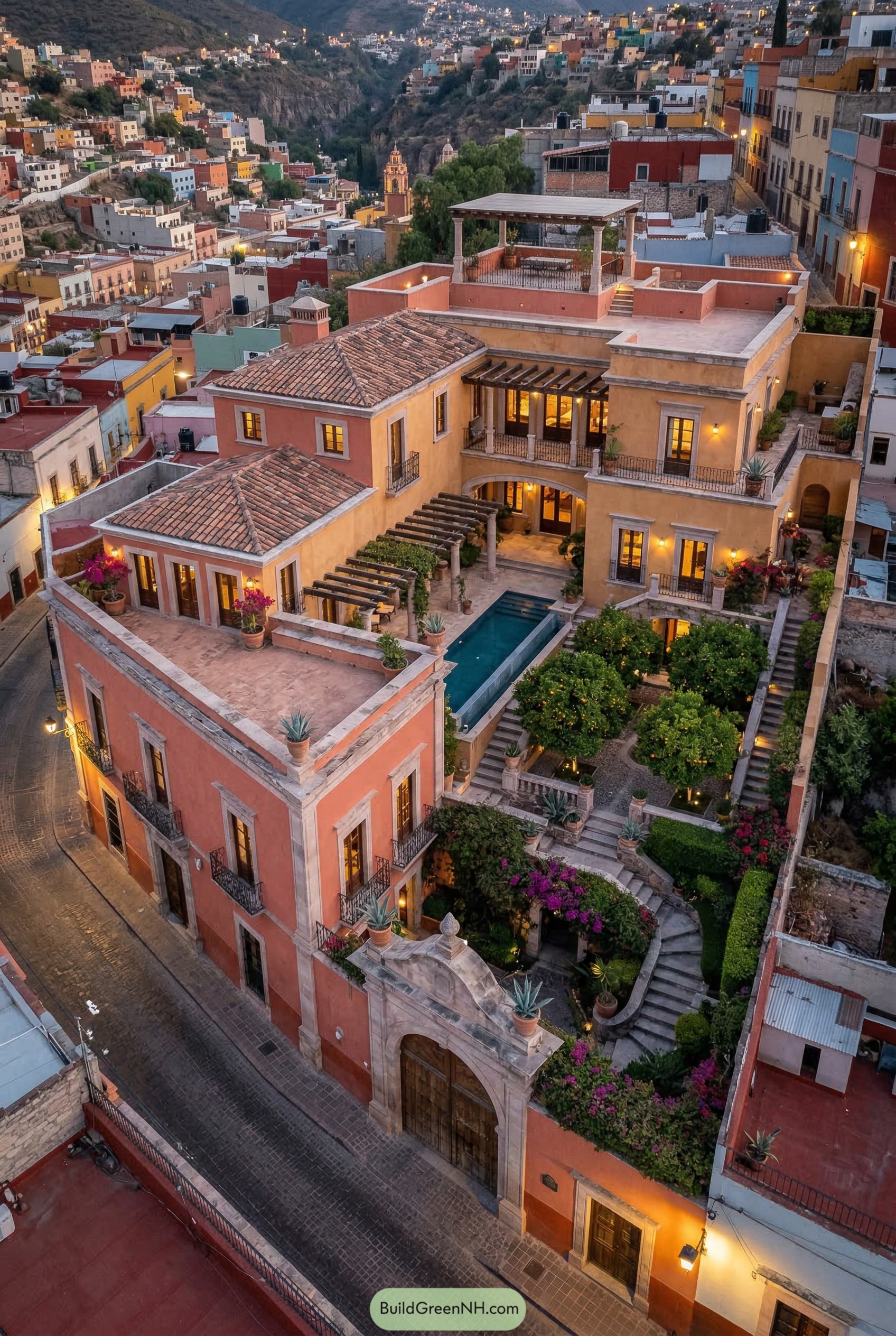 Terraced colonial mansion with courtyard pool