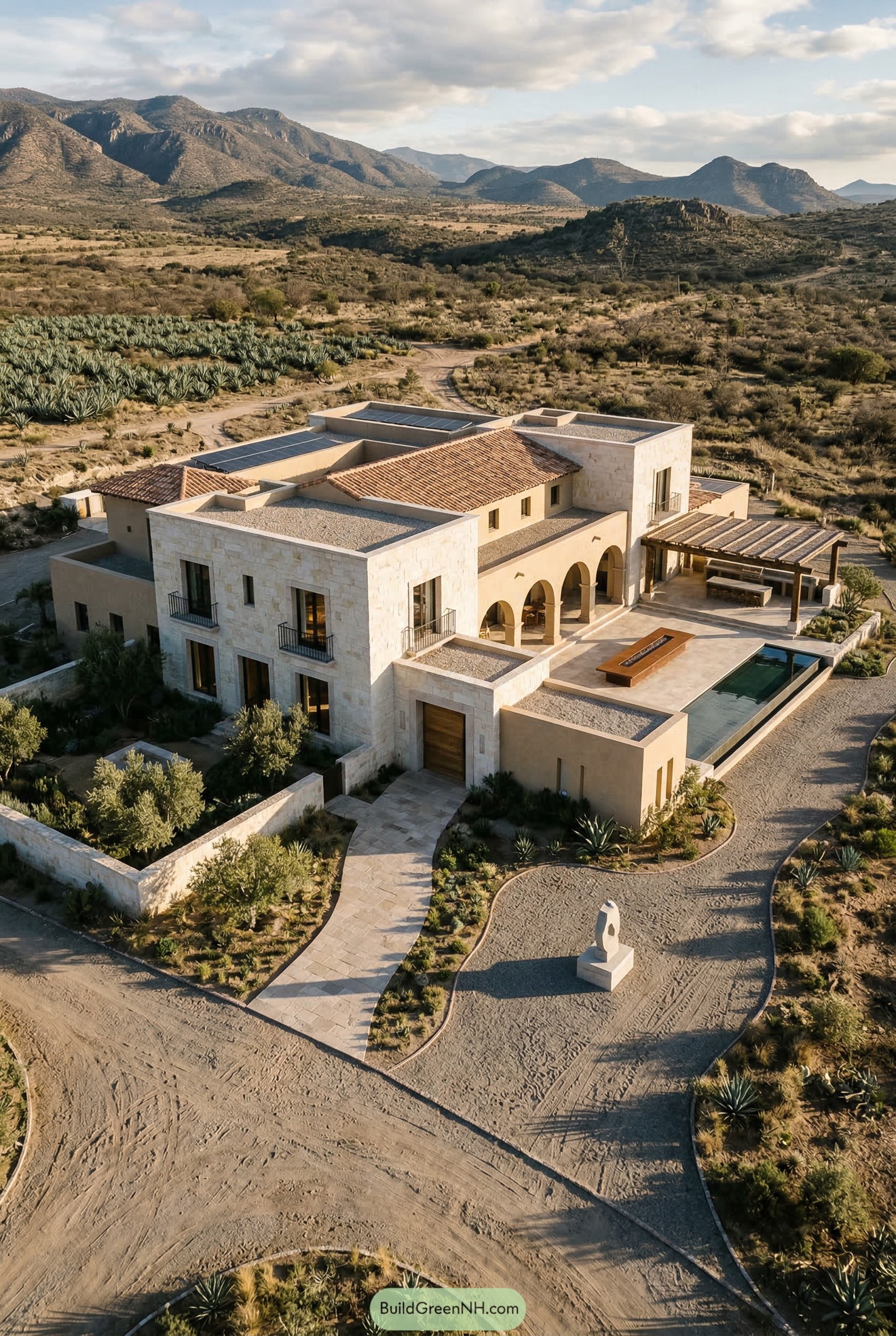 Stone desert mansion with arched terrace pool and mountains