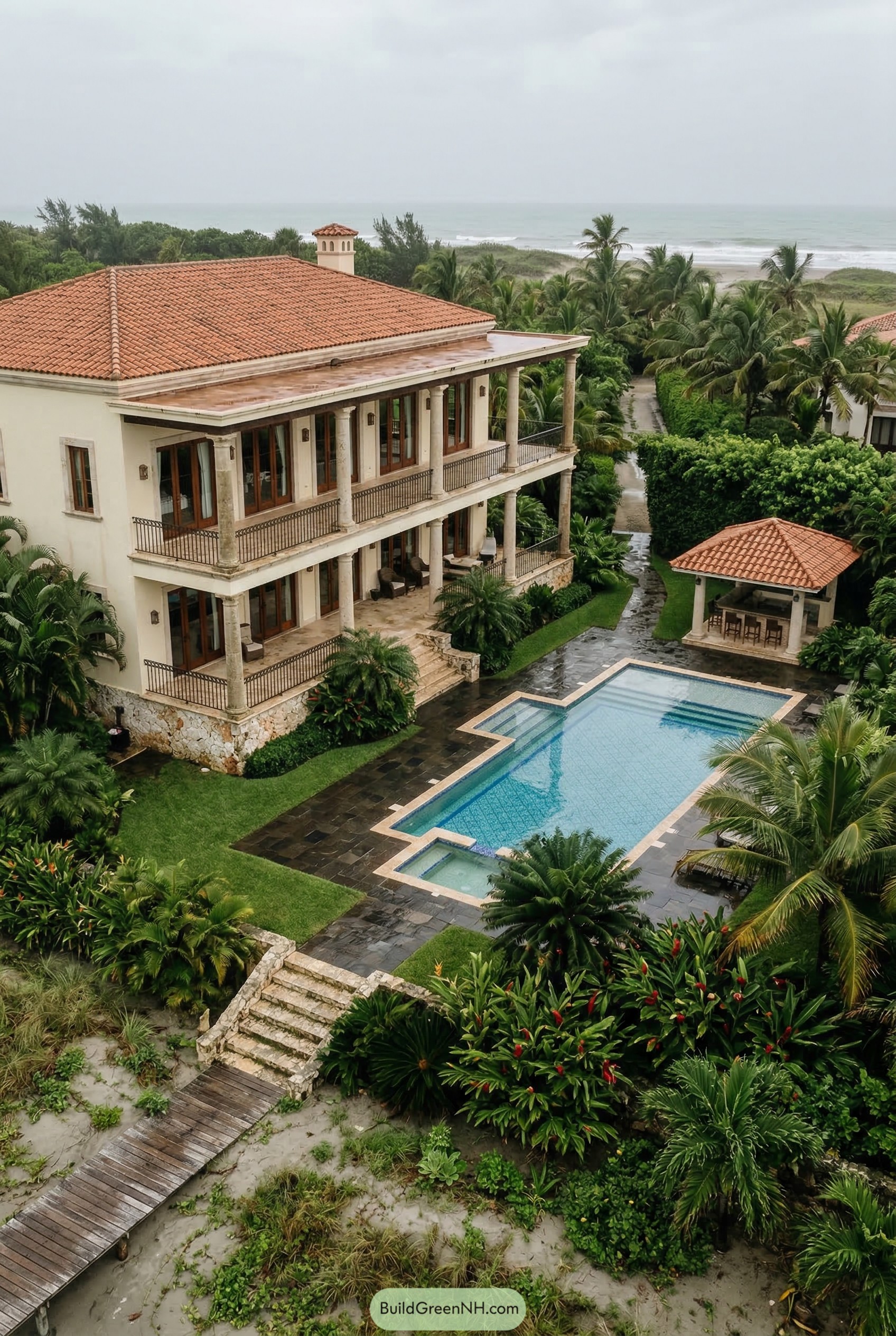 Beachside mansion with balconies pool and palms