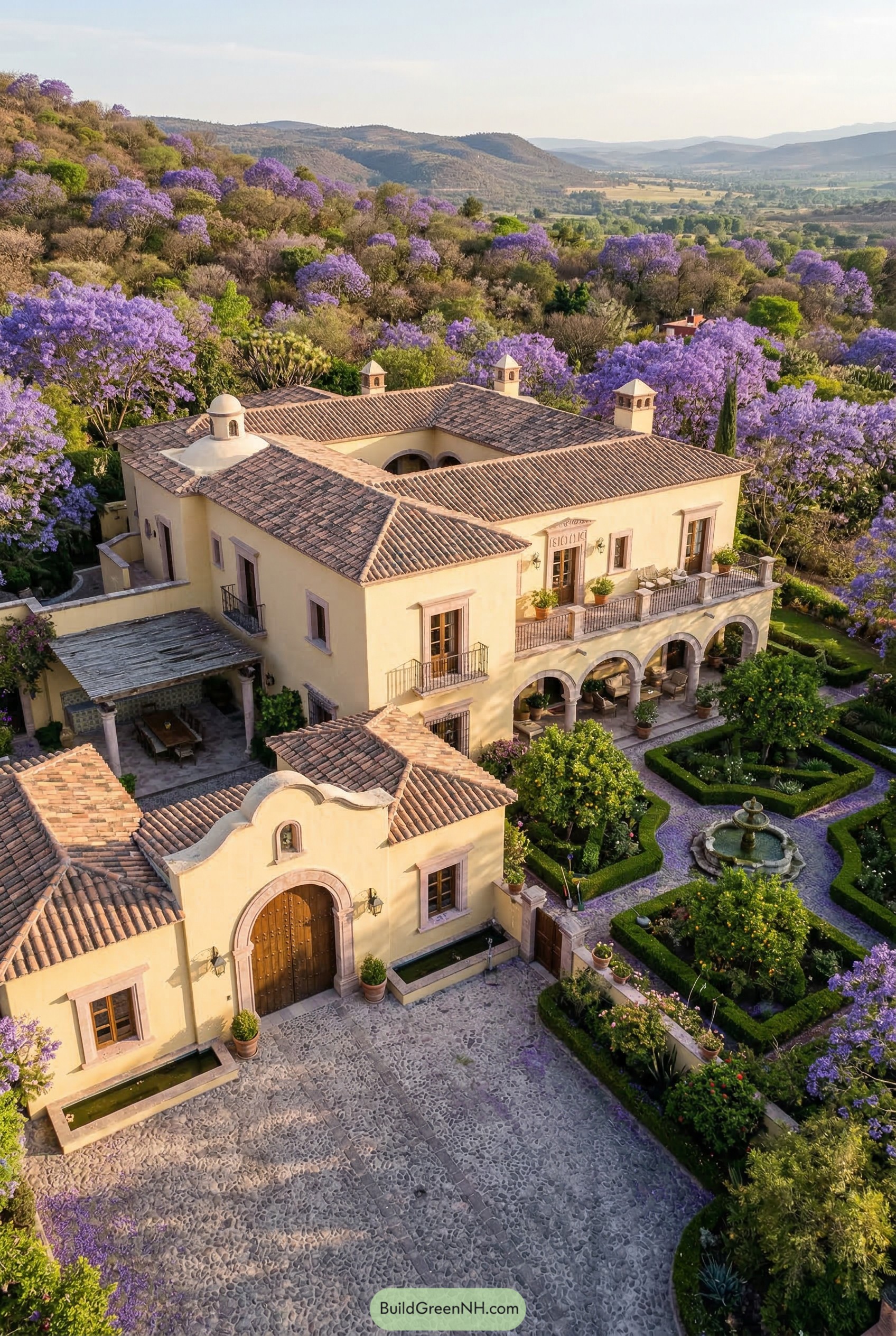 Colonial Mexican mansion with arched terrace and formal garden