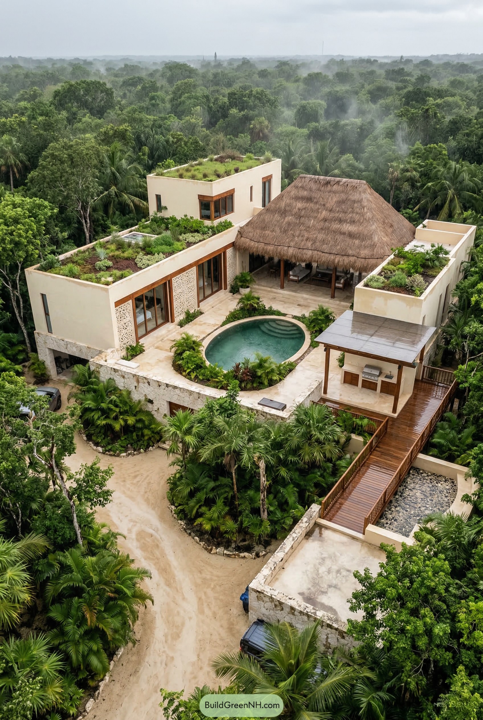Modern jungle villa with palapa roof and oval pool