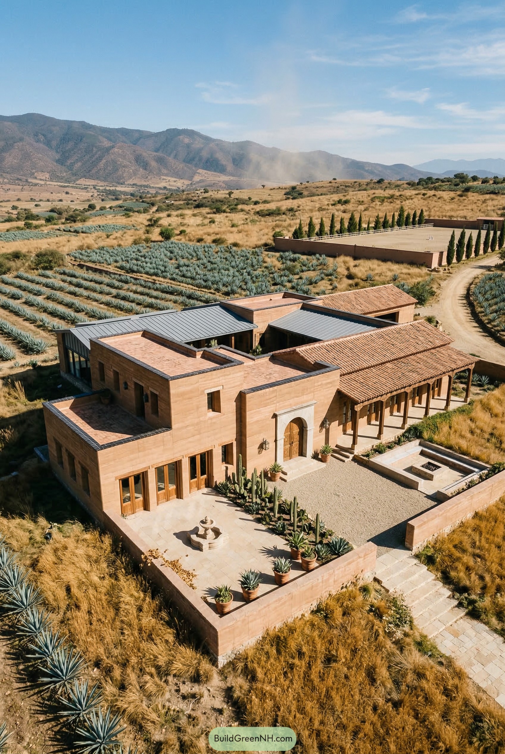 Terracotta mansion with courtyard amid agave fields
