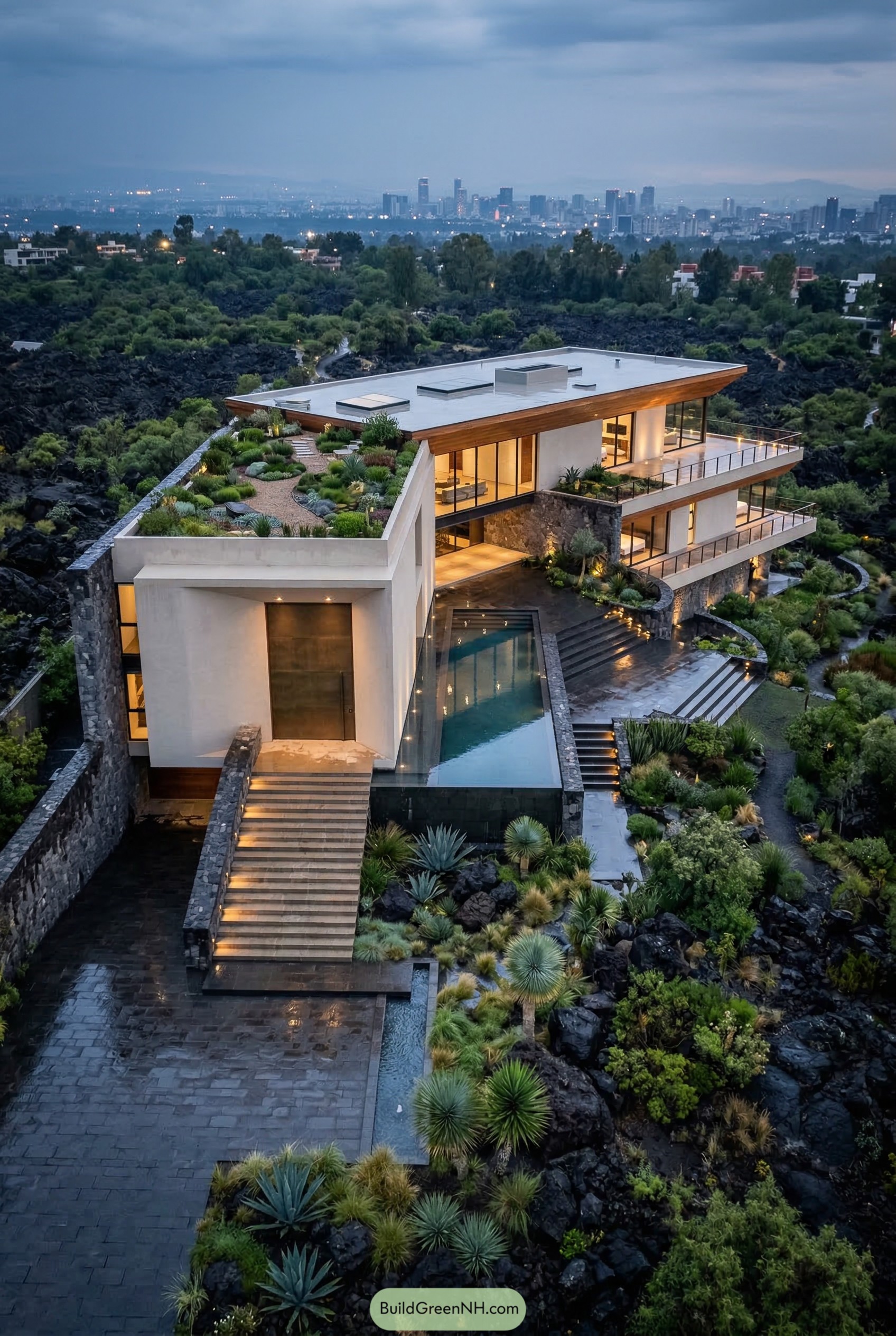 Modern mansion with rooftop garden and reflecting pool