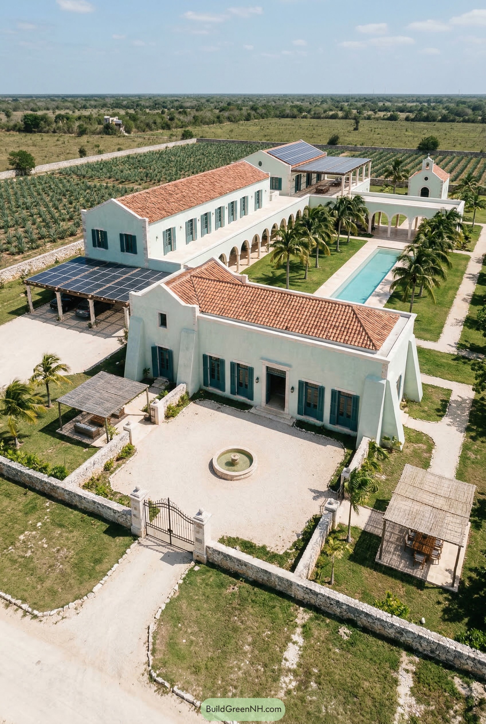 Aerial view of white hacienda with arched courtyard and pool