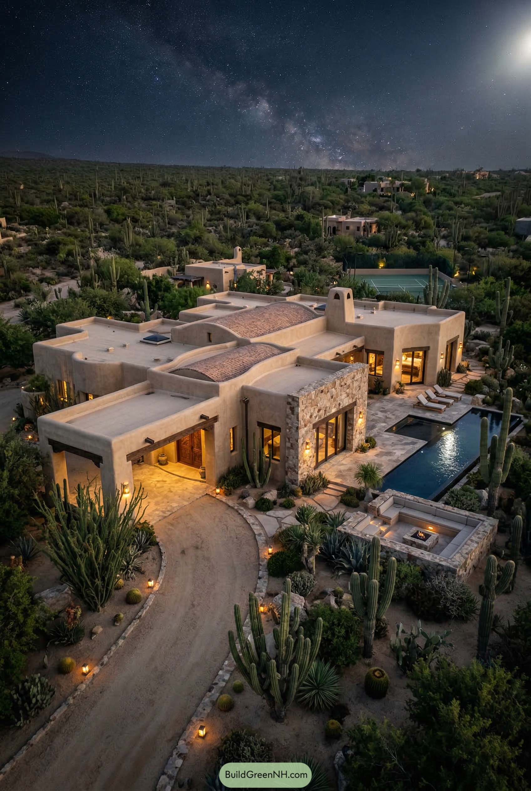 Desert stucco mansion with pool at night