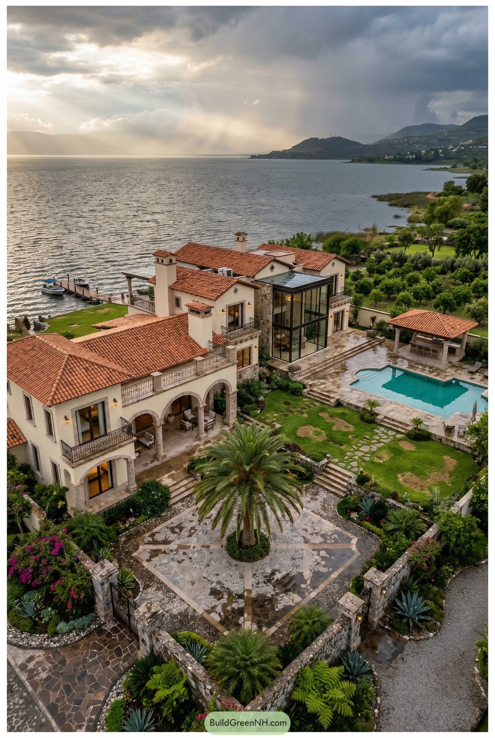 Lakeside mansion with terracotta roofs and pool