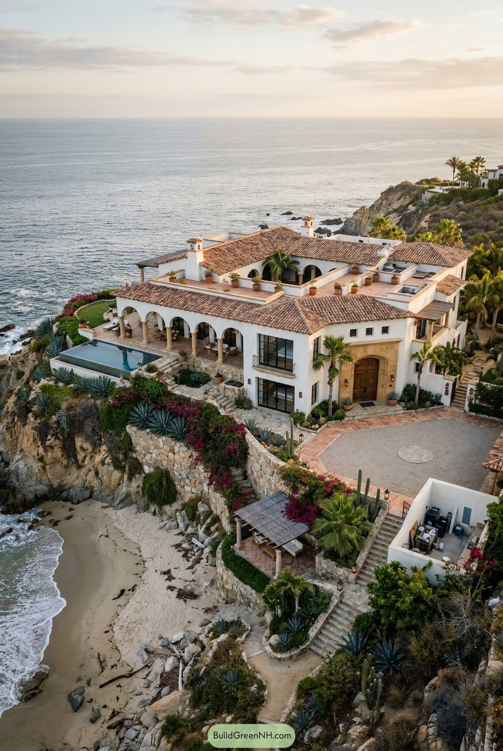 White stucco oceanfront mansion with tiled roofs and pool