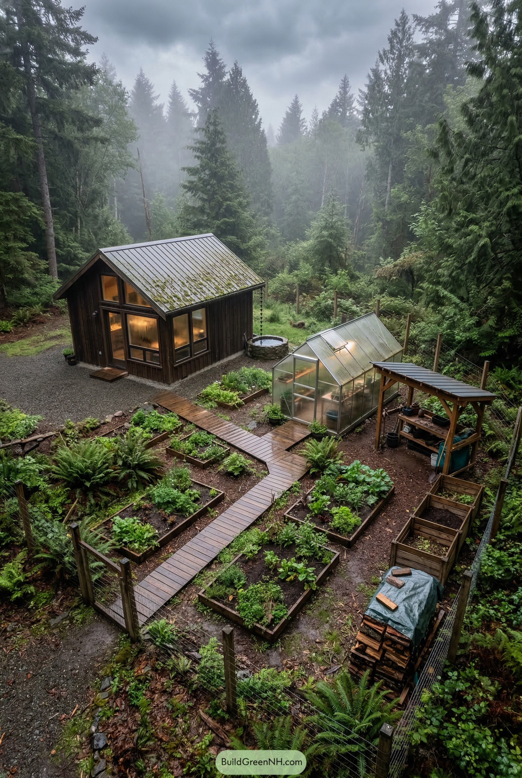 Forest cabin with greenhouse and raised beds