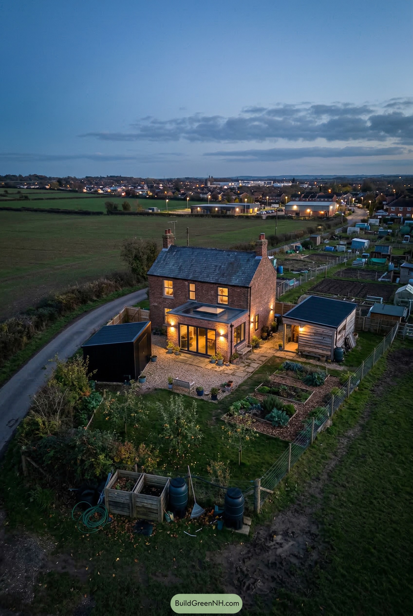 Brick farmhouse with fenced kitchen garden
