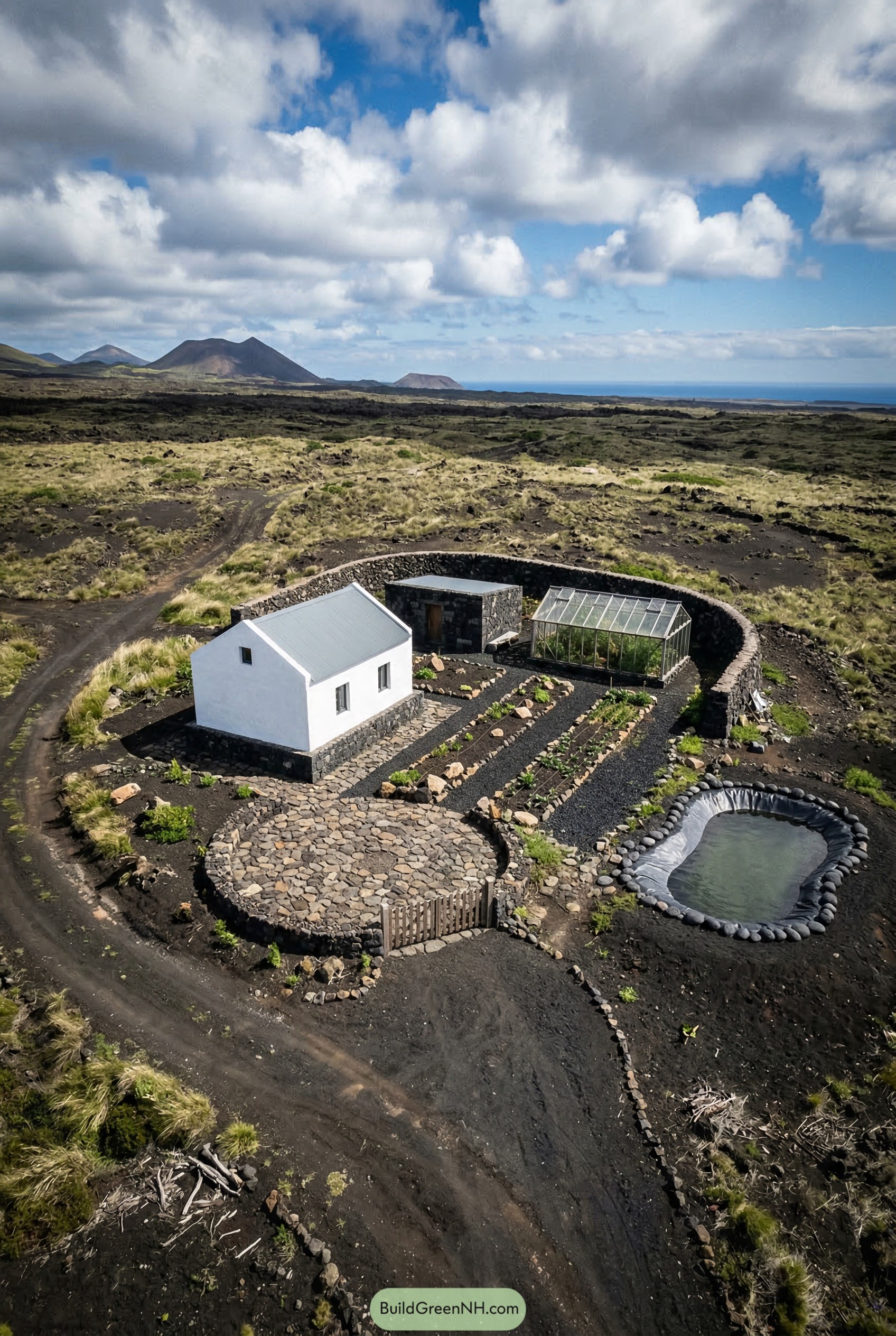 White cottage greenhouse and garden beds within a circular stone wall on volcanic terrain