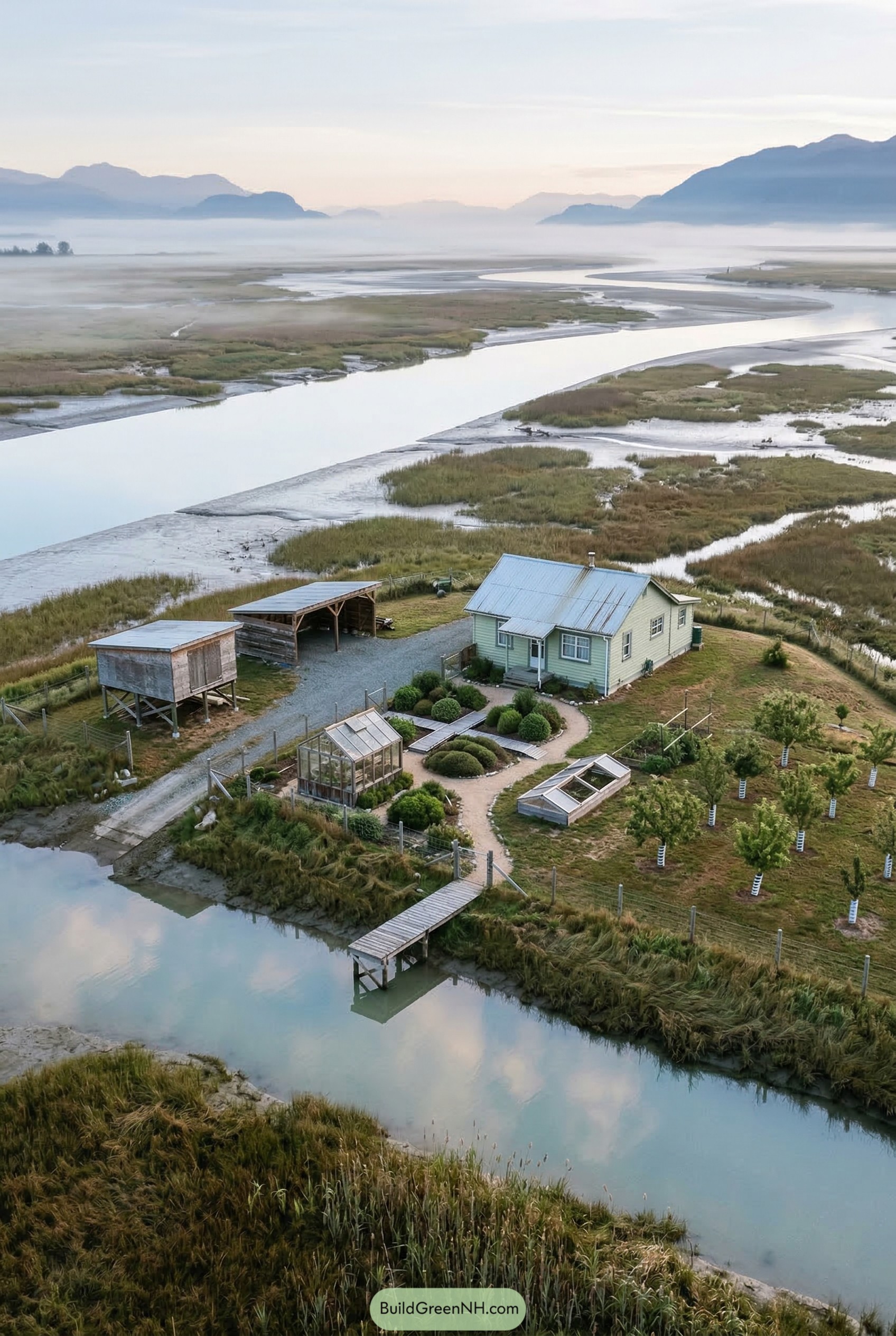 Riverside mini farm with greenhouse orchard and dock