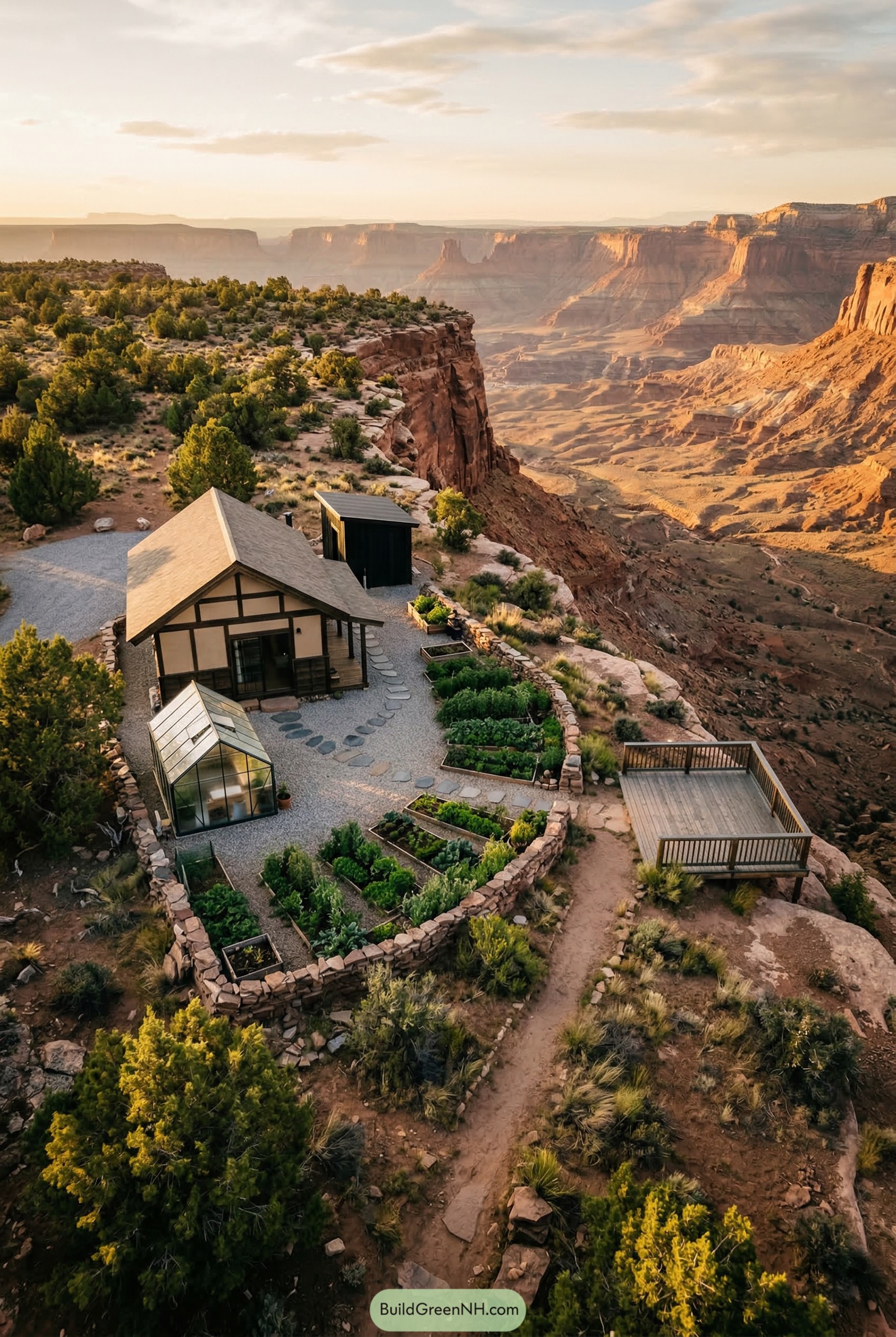 Canyon edge cottage with greenhouse and raised beds