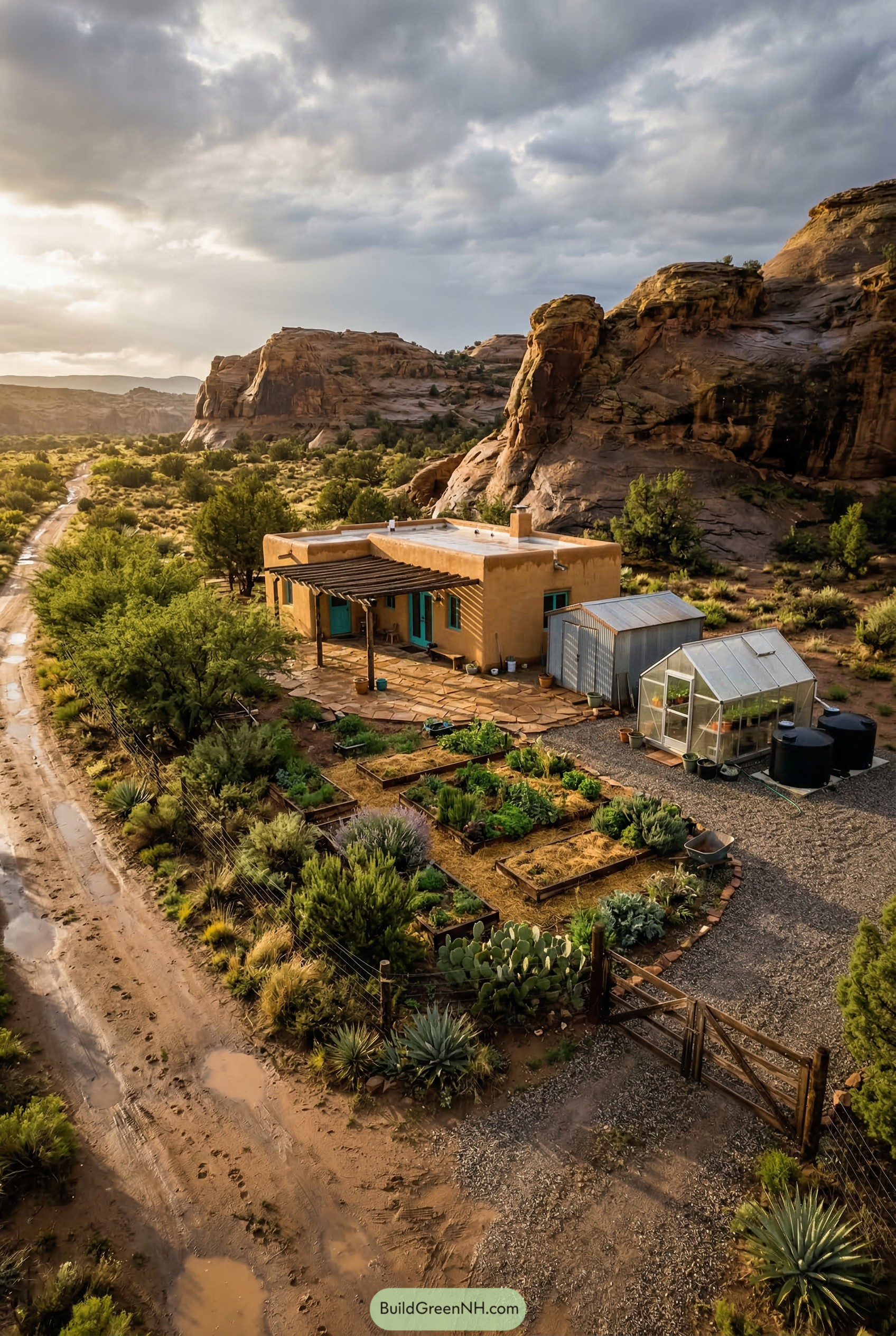 Desert mini farm with adobe house and greenhouse