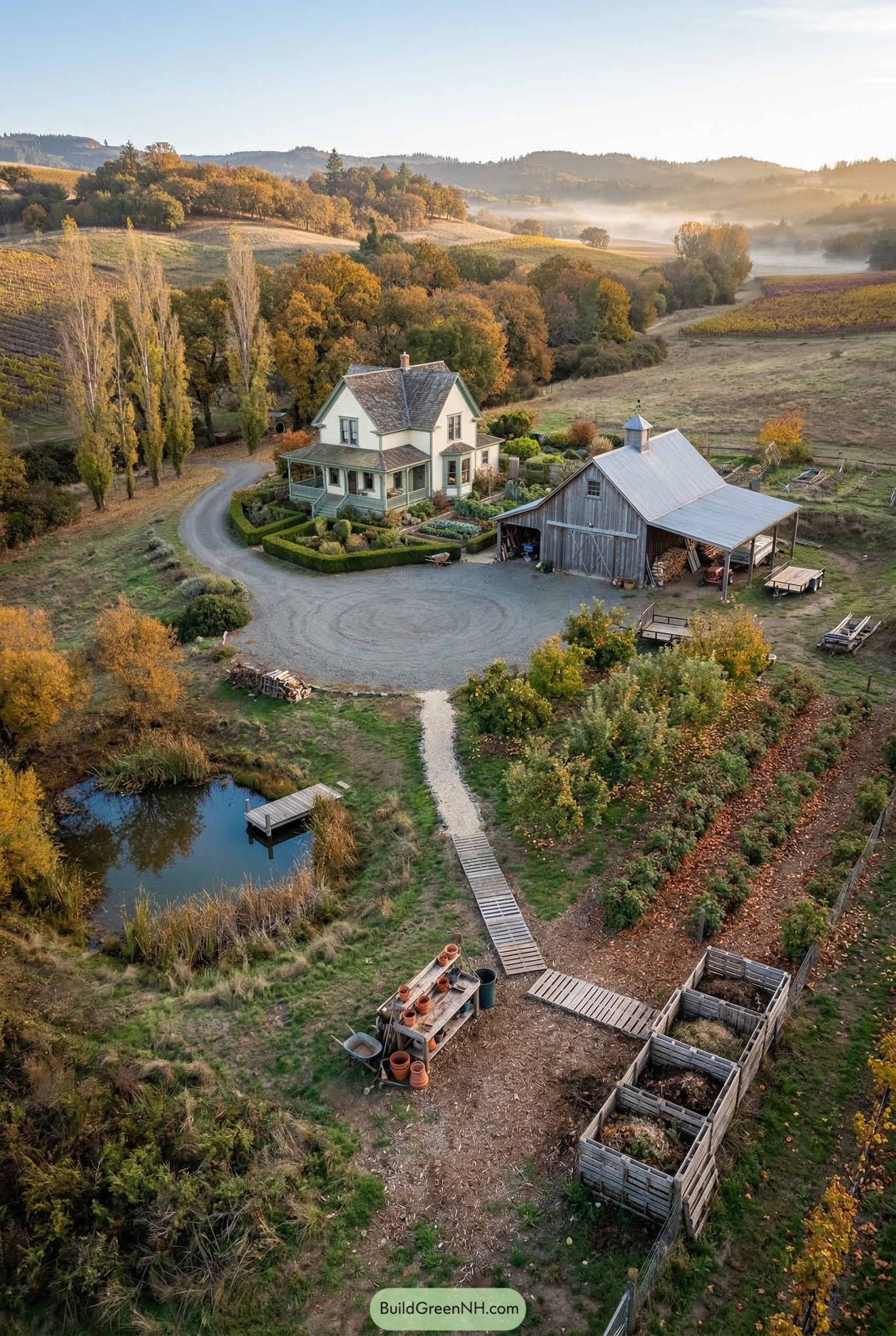 Aerial farmstead with farmhouse barn pond and garden rows