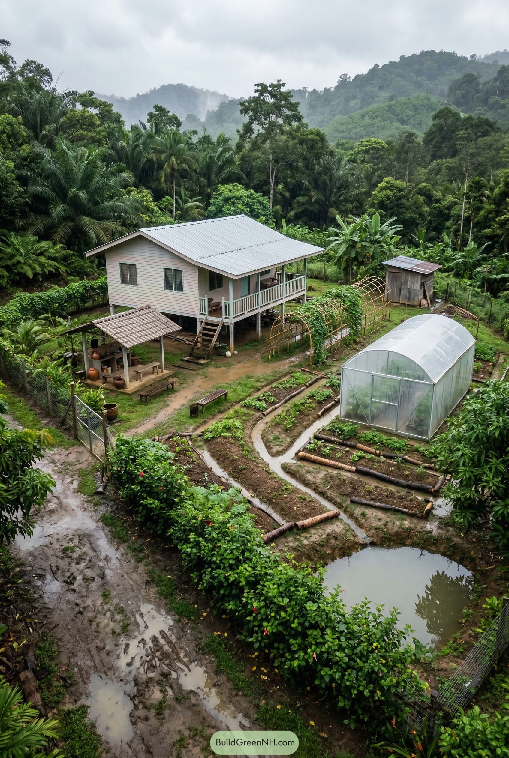 Raised tropical cottage with greenhouse and curved garden beds