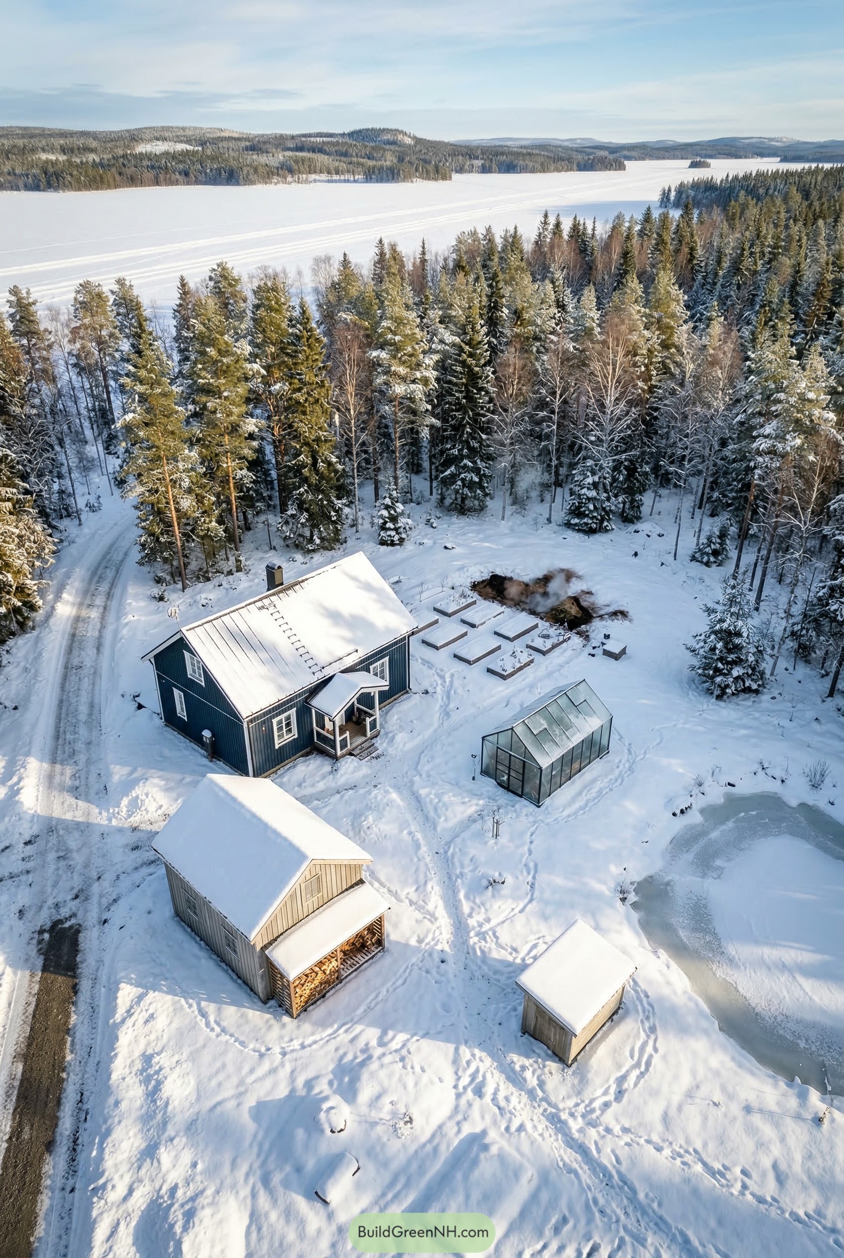 Snowy mini farm with cabin greenhouse and sheds