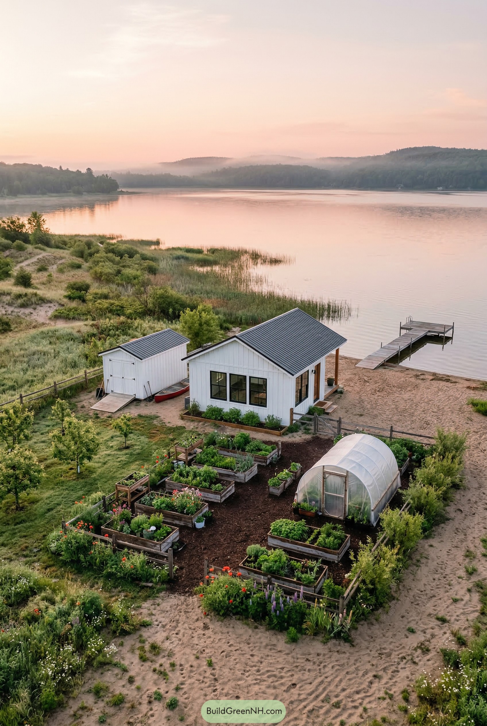 Lakeside mini farm with raised beds and hoop house