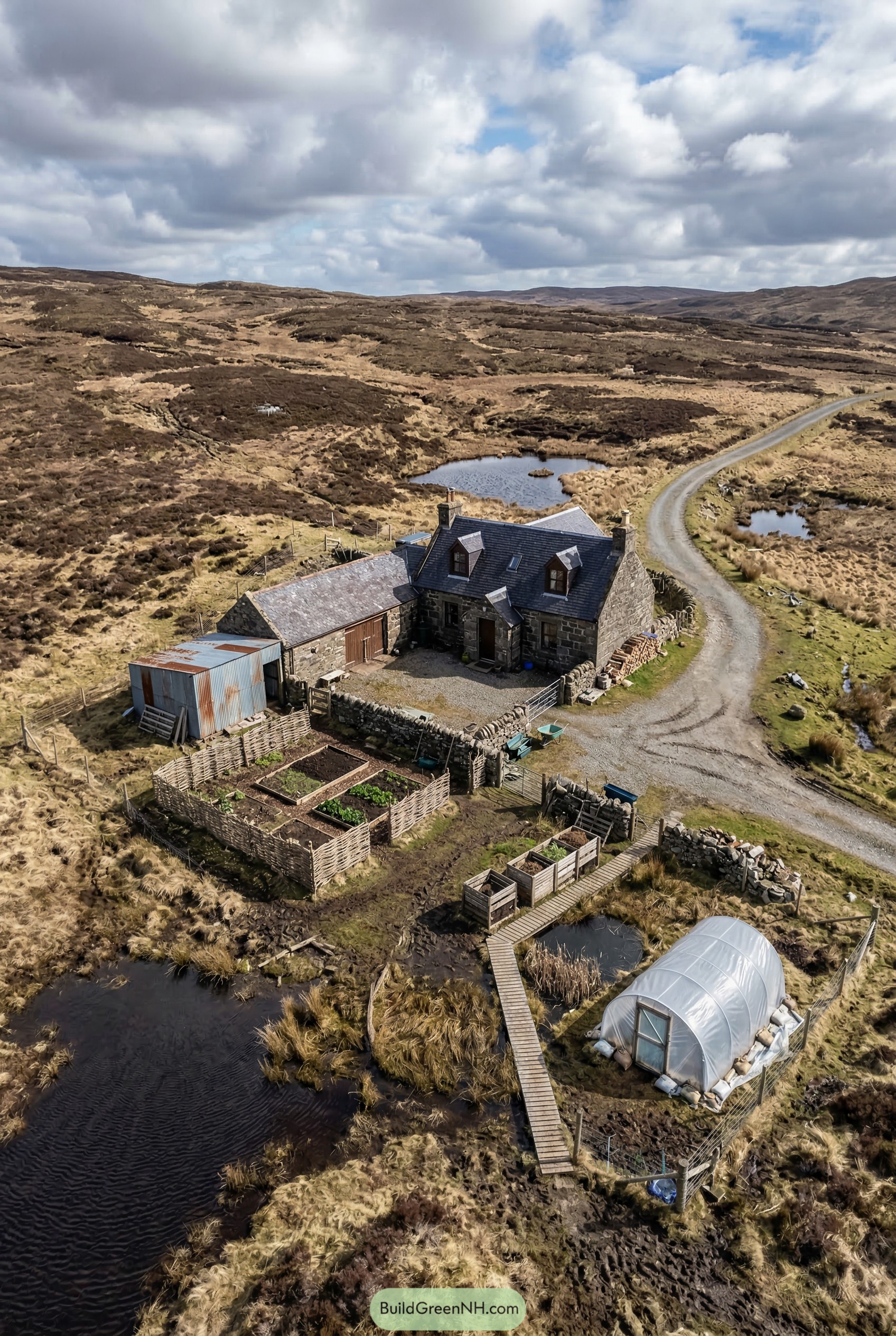 Stone croft with fenced beds and polytunnel